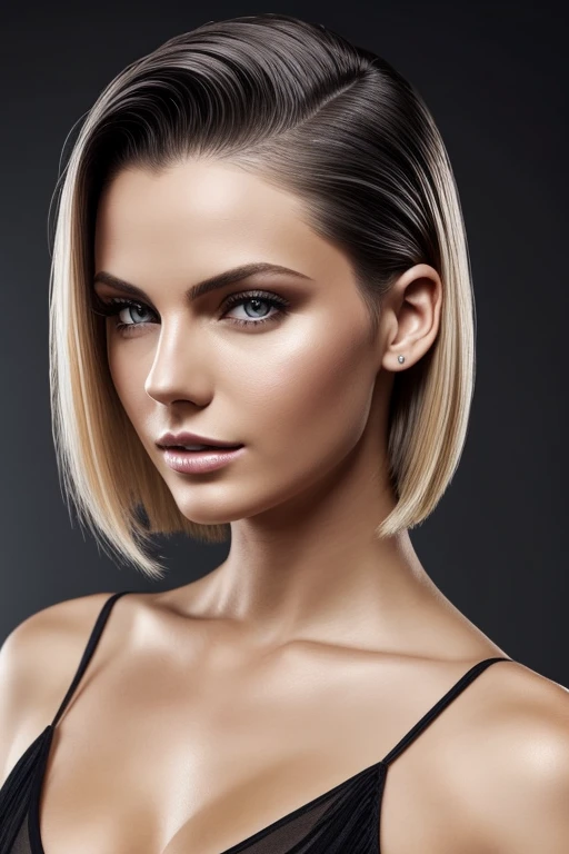 Gorgeous european woman with very short straight hair, short hair, wet hair, hair slicked back, combed straight back, slick hair, honey blonde streaked hair, cleavage, solid dark grey background