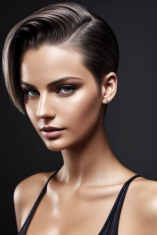 Gorgeous european woman with very short straight hair, short hair, wet hair, hair slicked back, combed straight back, slick hair, honey blonde streaked hair, cleavage, solid dark grey background