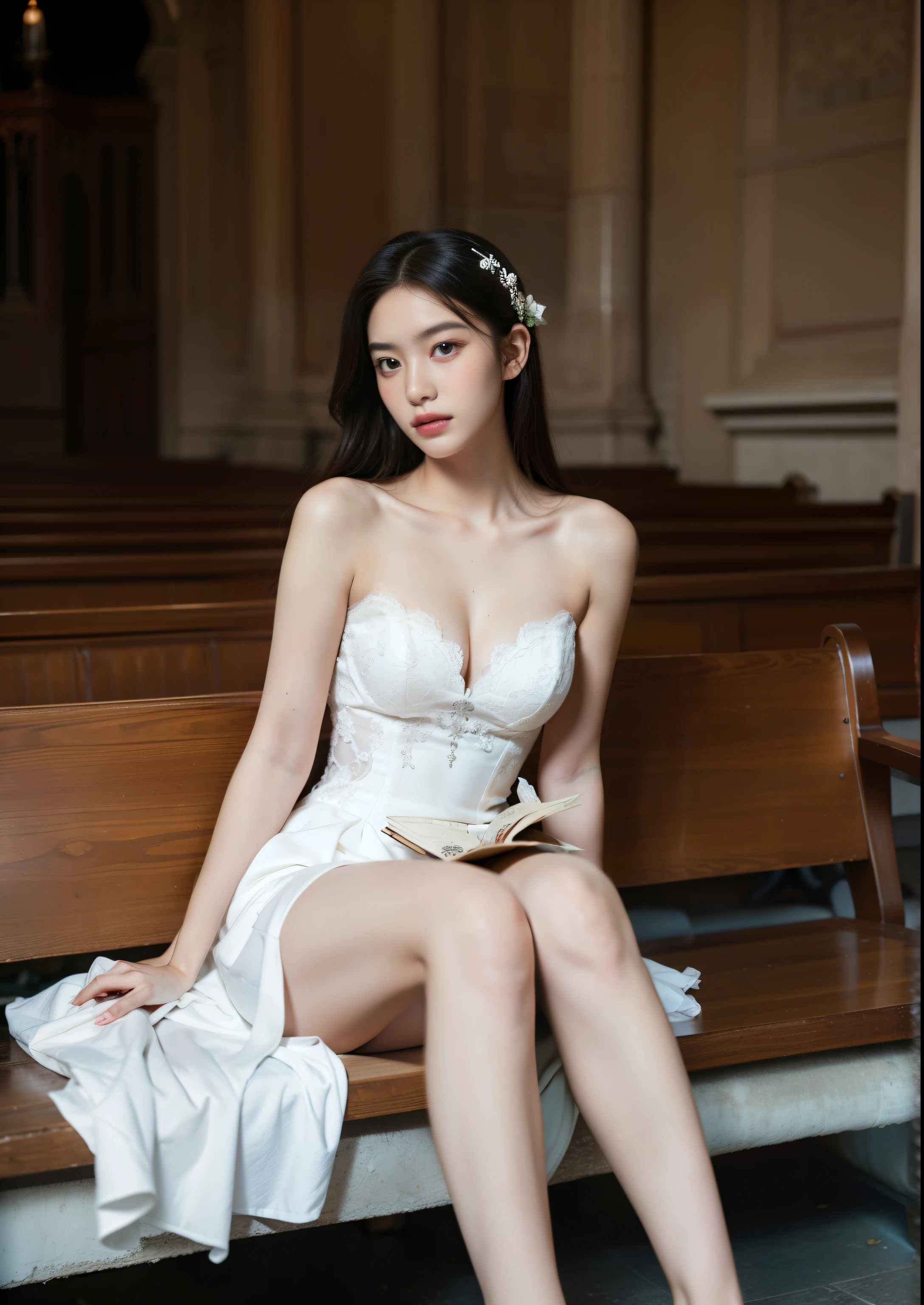 Beautiful 25 year old tall and slender woman。She is fashion model. She is staying in the old classic church. She is wearing a wedding dress that a leg is visible. She is illuminated by sunset light. the evening church lights is on . her dark brawn hair. High resolution、masterpiece、highest quality、頭w:1.0、((Hasselblad Photos))、fine skin、(movie lighting)、clavicle . full body picture.