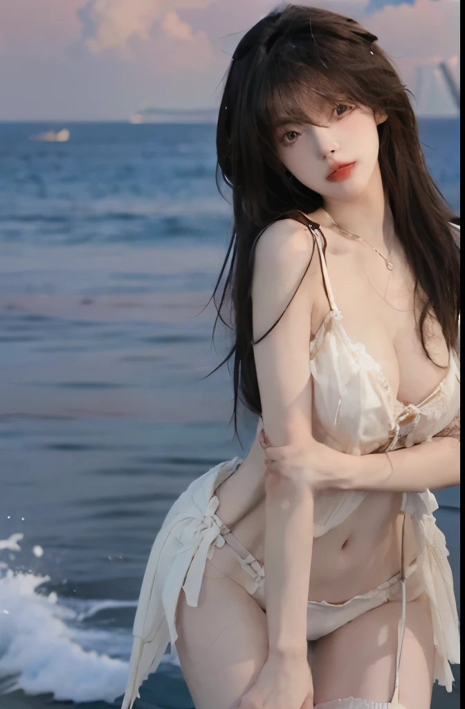 Beautiful woman with perfect body：1.4，Layered Hairstyle，Prominent cleavage，Highly detailed face and skin textures，Double eyelids，Skin Whitening，Long hair，Whitened long legs，（Suspenders，necklace），Standing by the sea