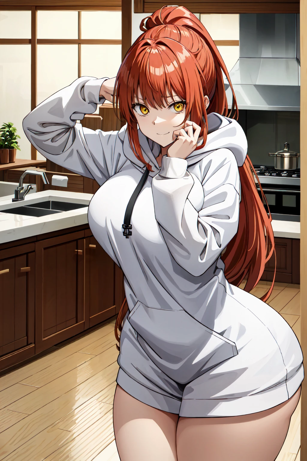 makima\(chainsaw man\), long sleeves, red hair, large breasts, solo, looking at viewer, thick thighs, hand in lap, yellow eyes, 1girl, thick hoodie, heavy hoodie, long flowing hair, indoors, white hoodie strings, makima, 36 year old mature woman, milf, (standing in kitchen), serious eyes contraditing smile, beautiful japanese home, extremely welcoming, long face, no pants, oversized hoodie, 3/4, body shot, light pink hoodie almost white, ponytail, tight hoodie, hands on head, arms up,long legs, long body, wide hips, hands on top of breats, hands on breasts