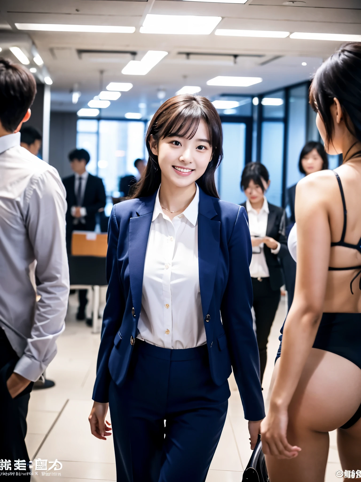 masterpiece、超High resolution、She is very cute and young like an idol..々A cute 18-year-old businesswoman、Gentle and cute、A kind smile、bikini、Medium Bust、Working in an office with business desks in a building She is talking to male co-workers in suits. whole body、RAW Photos、Genuine、High resolution、live-action