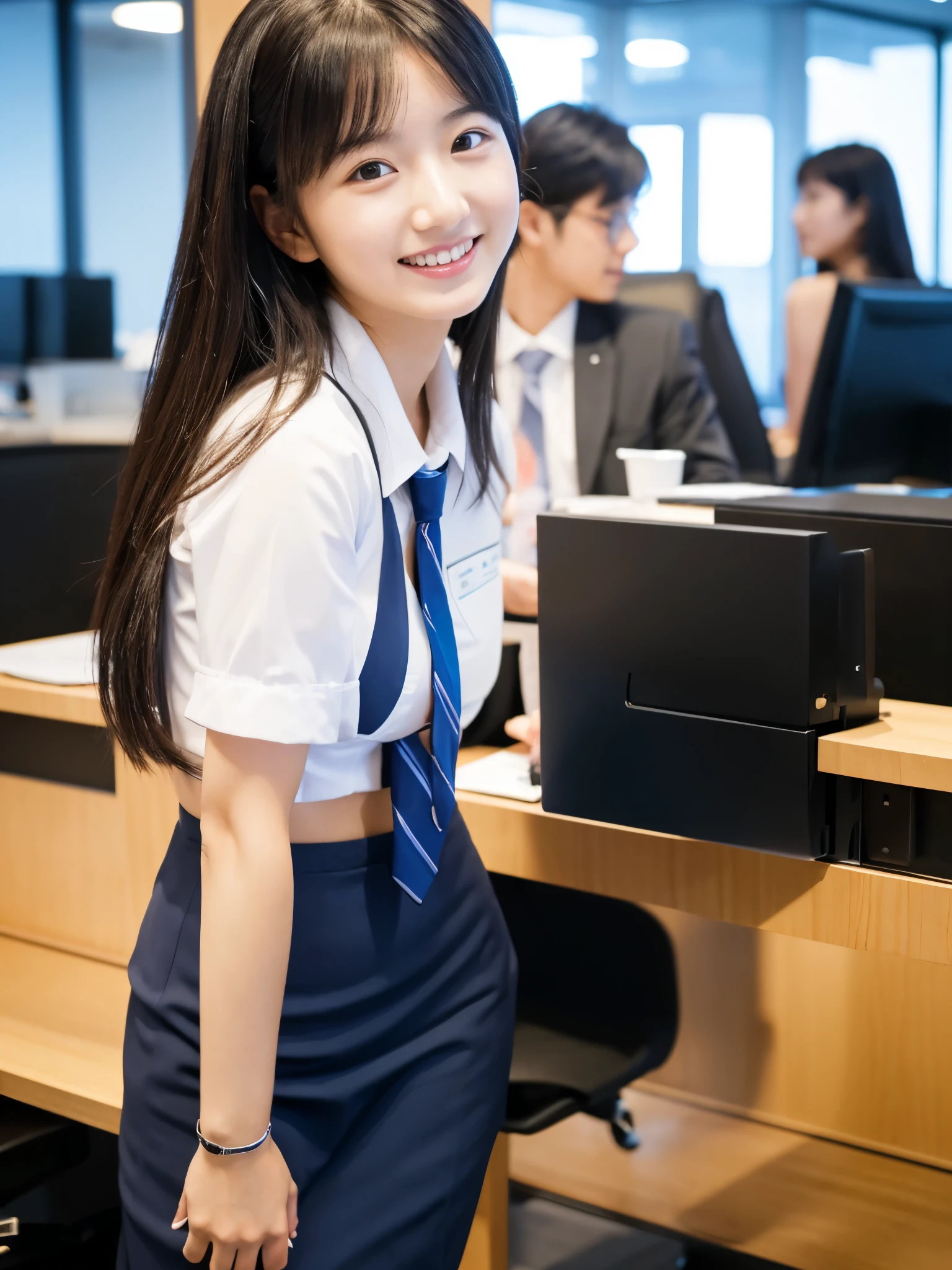 masterpiece、超High resolution、She is very cute and young like an idol..々A cute 18-year-old businesswoman、Gentle and cute、A kind smile、bikini、Medium Bust、Working in an office with business desks in a building She is talking to male co-workers in suits. whole body、RAW Photos、Genuine、High resolution、live-action