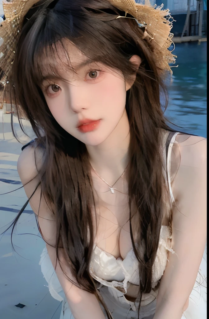 Beautiful woman with perfect body:1.4,Layered Hairstyle,Prominent cleavage,Highly detailed face and skin textures,Double eyelids,Skin Whitening,Long hair,Whitened long legs,(Suspenders,necklace),Standing by the sea