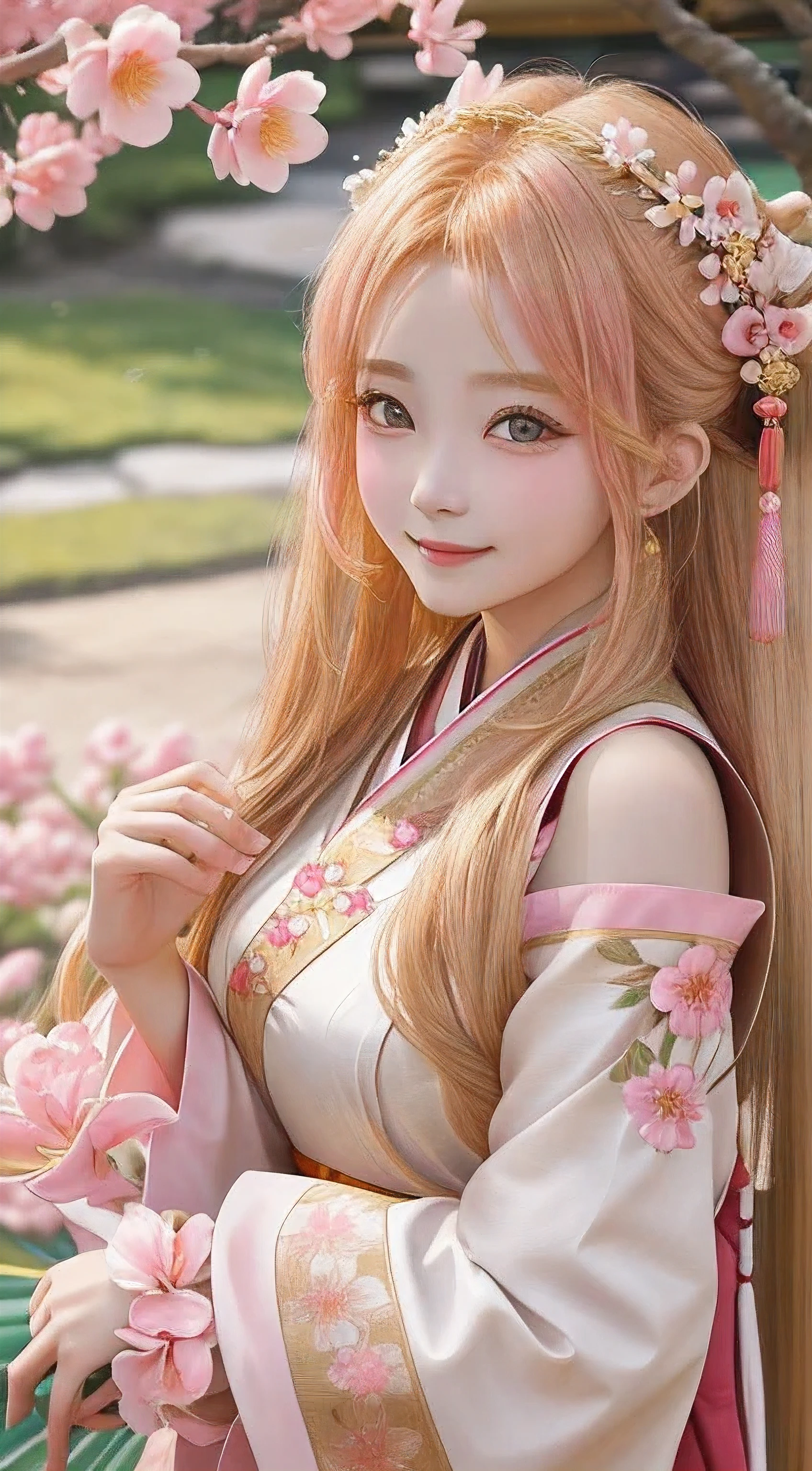 Golden Hair、Beauty、His eyes are shining、Pink flowers background、god々Shii、chinese hanfu、hair ornaments、１７Year old girl、Smiling、Shoulders stick out、Watching the viewer、Portrait、Big Breasts、Portraiture、front、Sandals、A strong wind is blowing
