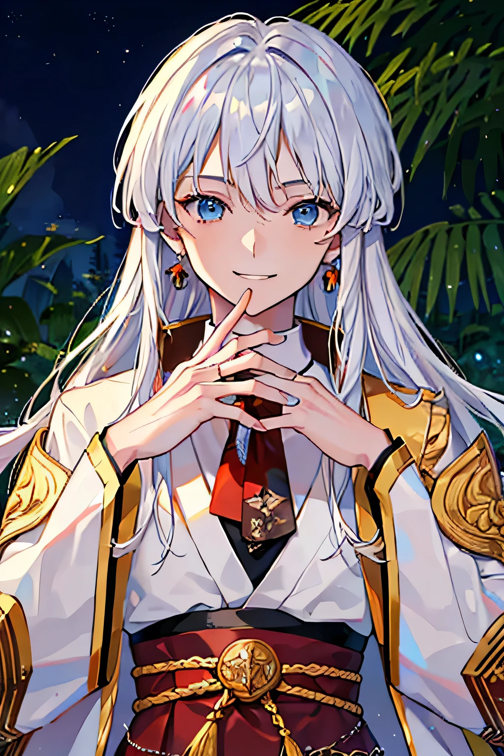 (masterpiece), (((highest quality)), (Very detailed), One muscular boy,Long Hair, White Hair, 17 years old, Tokyo Tower, bangs, smile, Sky blue eyes, Perfect hands, Hand Detail, Modified fingers. Earrings, Night Forest, highest quality, Rich details, Perfect image quality,