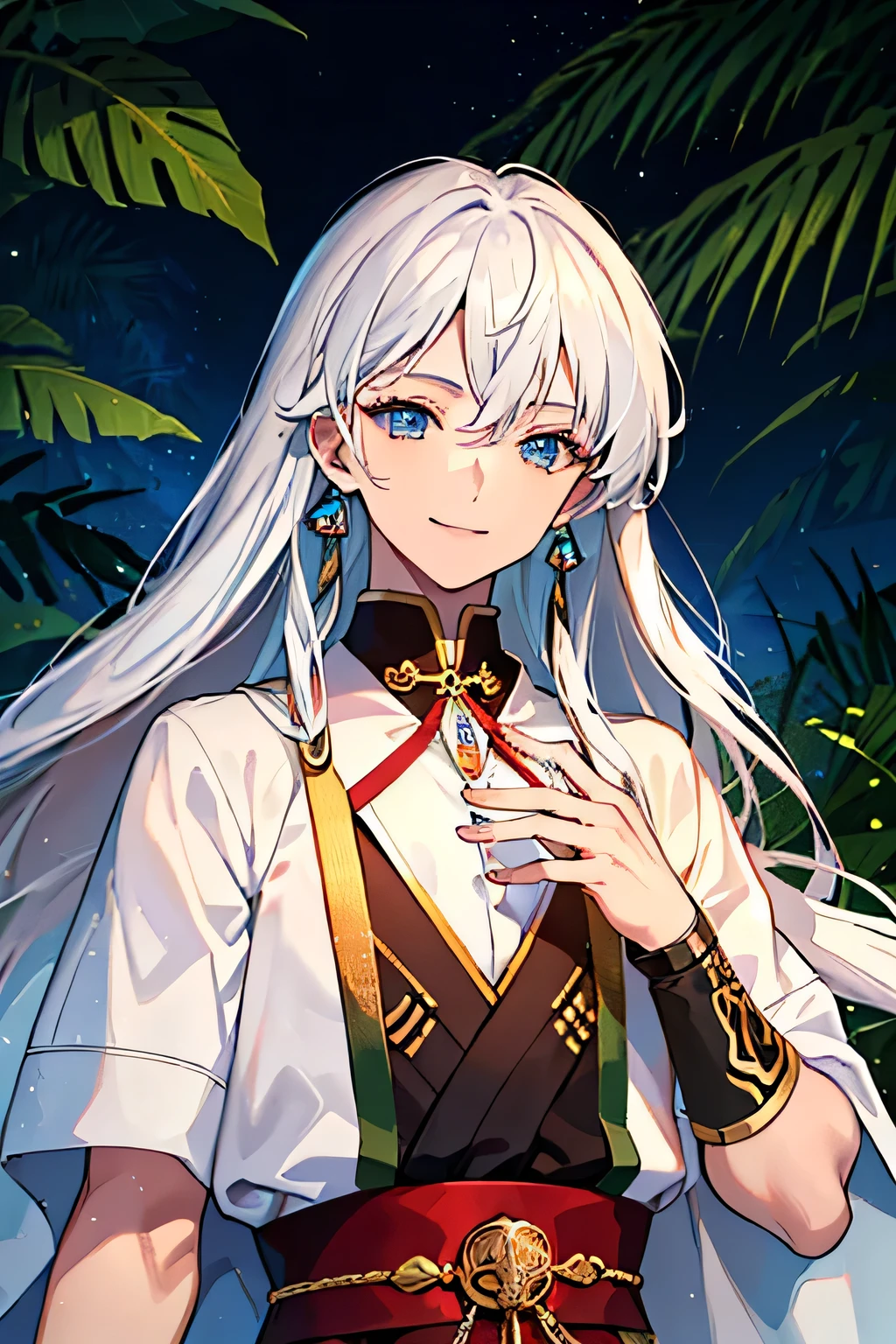 (masterpiece), (((highest quality)), (Very detailed), One muscular boy,Long Hair, White Hair, 17 years old, Tokyo Tower, bangs, smile, Sky blue eyes, Perfect hands, Hand Detail, Modified fingers. Earrings, Night Forest, highest quality, Rich details, Perfect image quality,