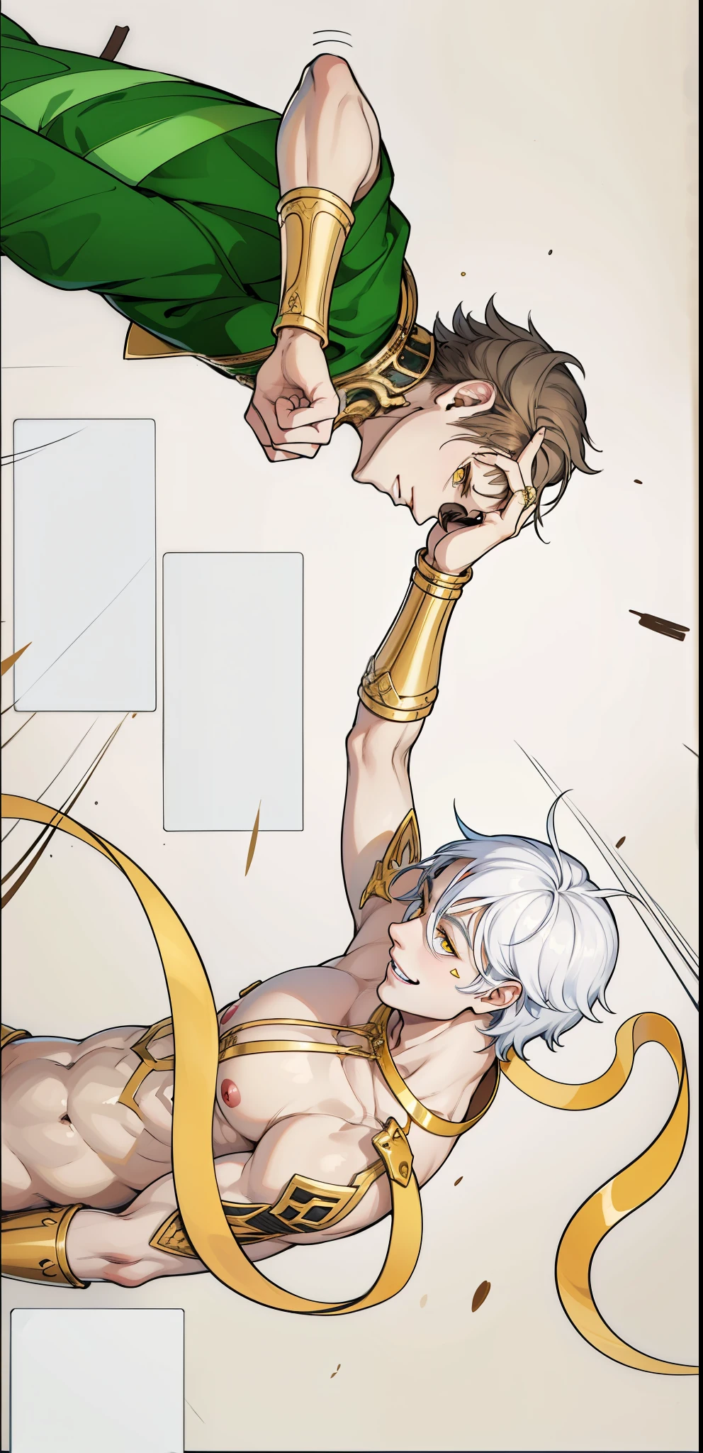 mischievous smile laughs with emotion mischief a little scared 17 year old young man white hair yellow eyes golden jewelry