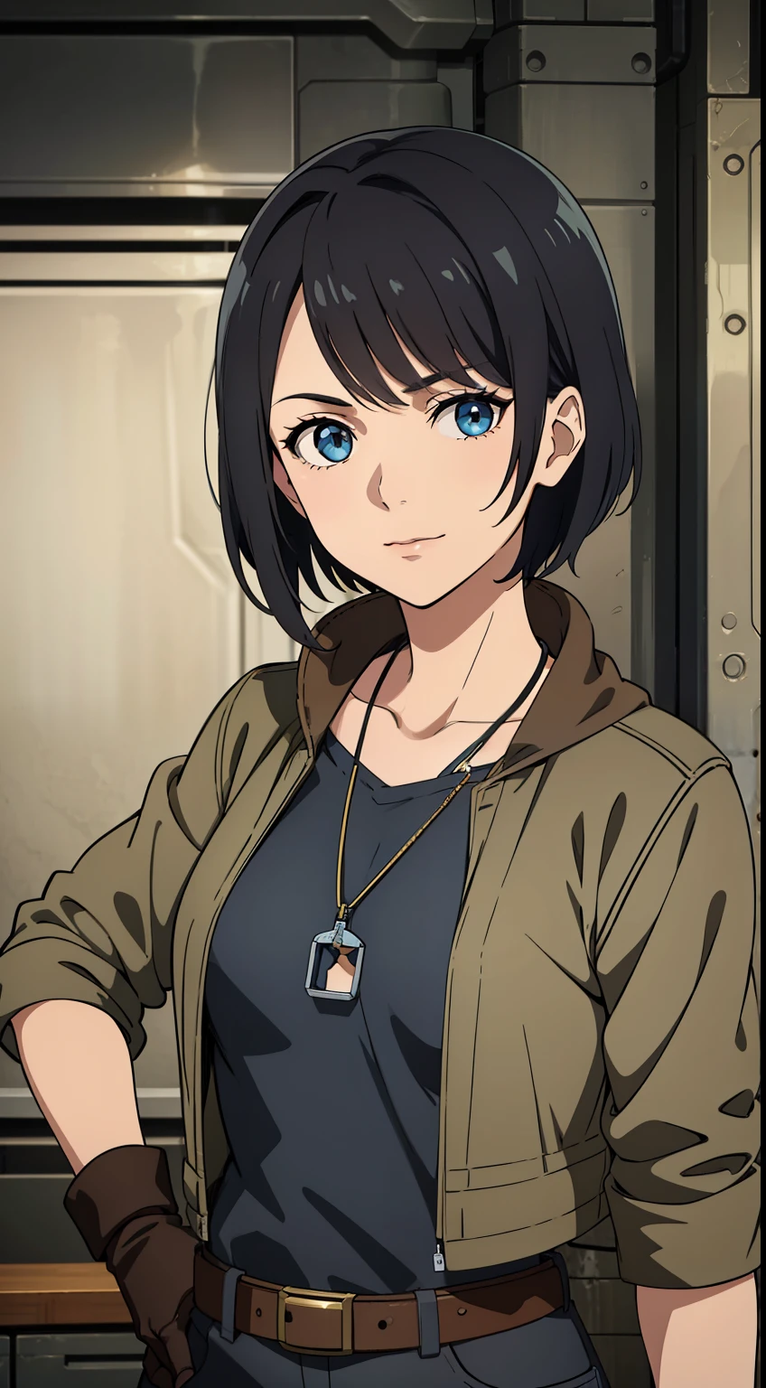 (high-quality, breathtaking),(expressive eyes, perfect face) Symmetrical Eyes, portrait, Star Wars Universe, 1girl, female, adult, mechanic, punk jacket, shirt, short sleeved, gloves, pants, belt, wrench, crystals, messy hair, black hair color, brown eye color, short hair length, stylized hairstyle, pixie haircut, tall, technician outfit, engineer, sci fi workshop background, work bench, tools, mature, narrow eyes, dog tag necklaces, soft smile, soft eyelashes, age 28
