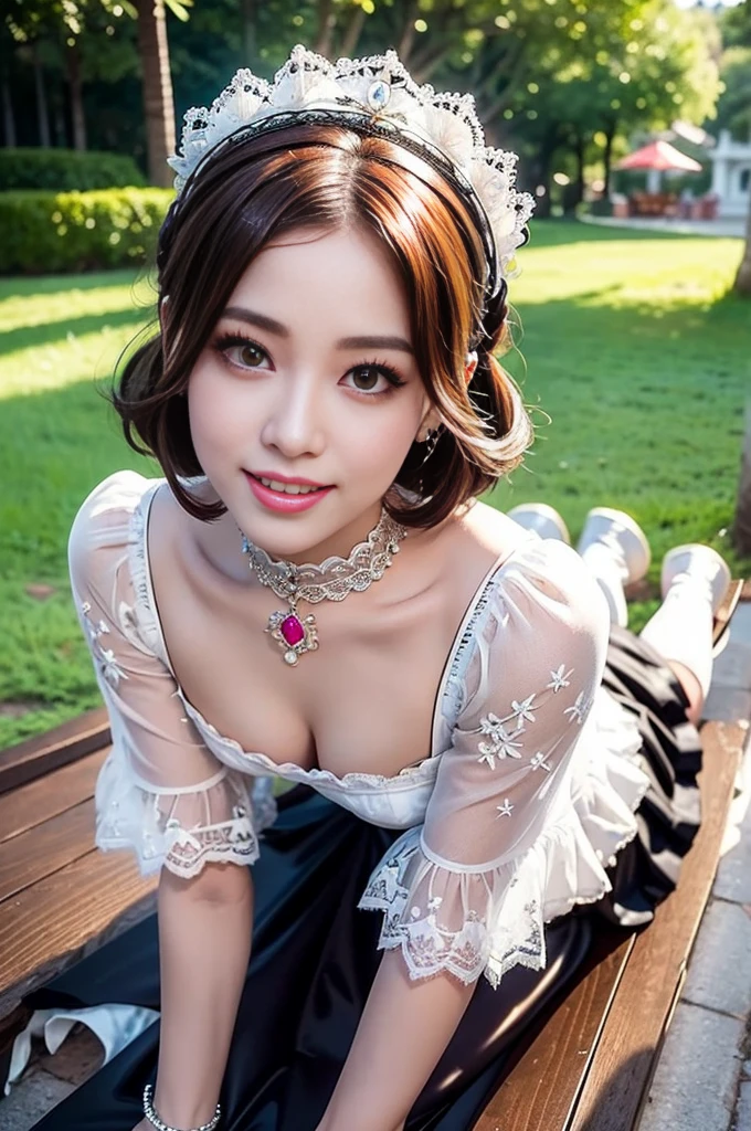 (nsfw), sexy stylish Thai model, only 1 female, ((doll-like appearance)), short Auburn stylish hair, ((shiny Victorian-Style boots)), (big smile), ultra detailed eyes, vivid eye makeup, lipgloss, long lashes, defined eyebrows, ((sexy Paradise Kiss cosplay)), bell-shaped skirt, petticoats, high neckline, puffed sleeves, ((ultra detailed lace)), ((ultra detailed embroidery)), intricate details, Paradise Kiss accessoires and matching headpiece, choker, ((large sparkling Paradise Kiss jewelry)), cinematic light, detailed large park background with trees
