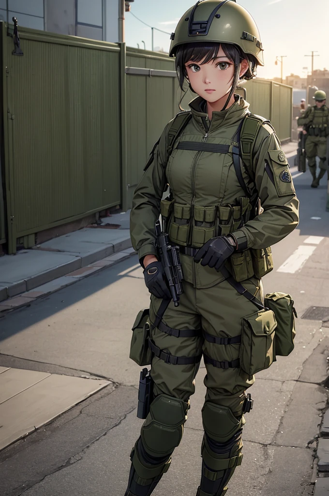 A female soldier on guard、Wearing an olive green M-51 jacket、helmet、Magazine Pouch、Shoulder Straps、Chest strap、strap、Tactical Holster、Leg strap、Olive green knee pads、Police shoes、Write details、masterpiece、best quality、Highly detailed CG、8K picture quality、theater lighting、lens flare