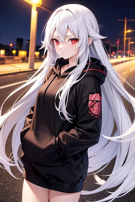 Anime girl, long white hair, red eyes, wearing a black hoodie, walking on the side of the highway at night