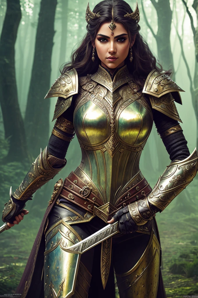 a female warrior, beautiful detailed eyes, beautiful detailed lips, extremely detailed face, longeyes lashes, intricate armor, detailed metal textures, powerful stance, dynamic action pose, fantasy medieval landscape, lush forest, dramatic lighting, cinematic composition, vibrant colors, digital painting, 8k, hyper detailed, masterpiece