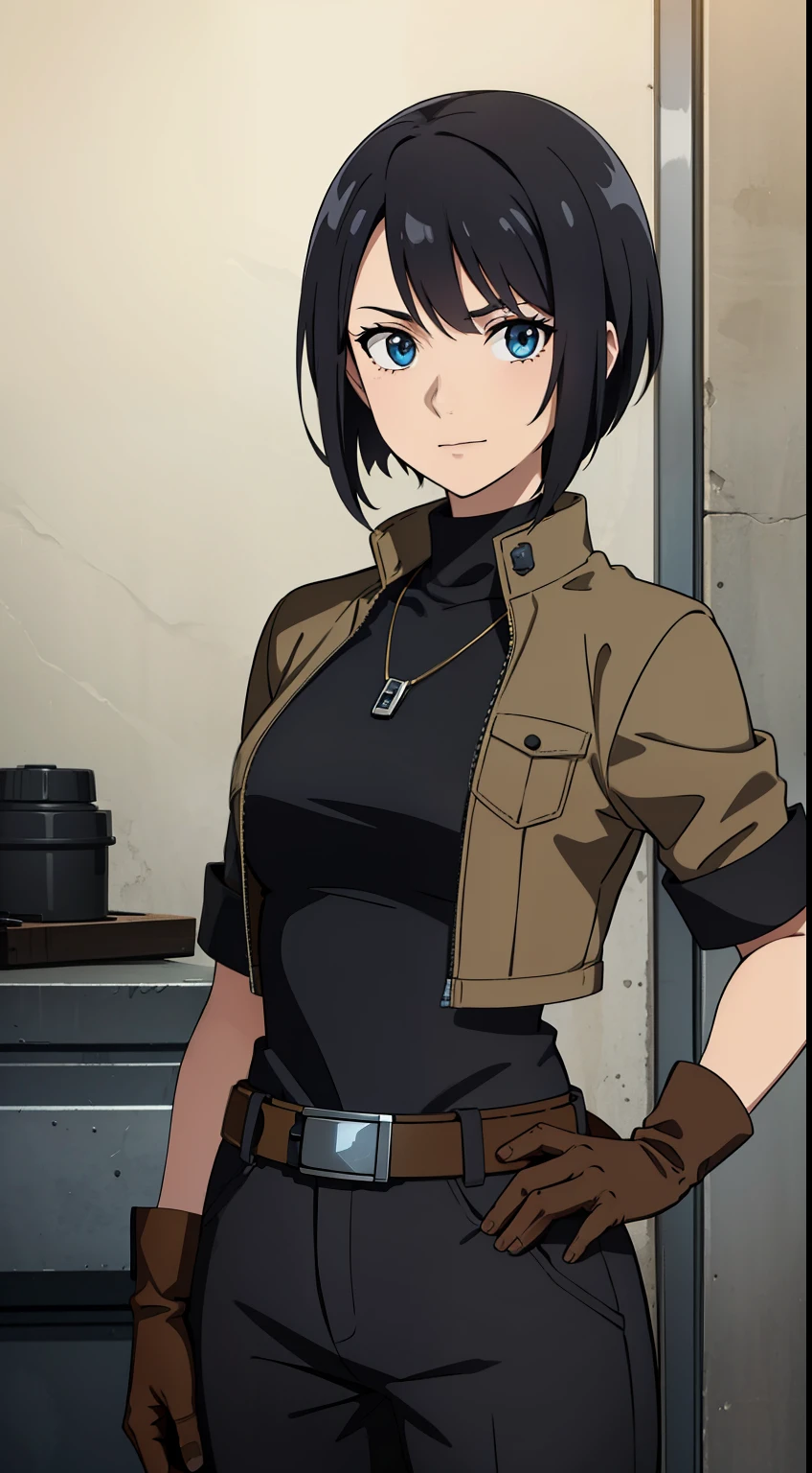 (high-quality, breathtaking),(expressive eyes, perfect face) Symmetrical Eyes, portrait, Star Wars Universe, 1girl, female, adult, mechanic, punk jacket, shirt, short sleeved, gloves, pants, belt, wrench, crystals, messy hair, black hair color, brown eye color, short hair length, stylized hairstyle, pixie haircut, tall, technician outfit, engineer, sci fi workshop background, work bench, tools, mature, narrow eyes, dog tag necklaces, soft smile, soft eyelashes, age 28
