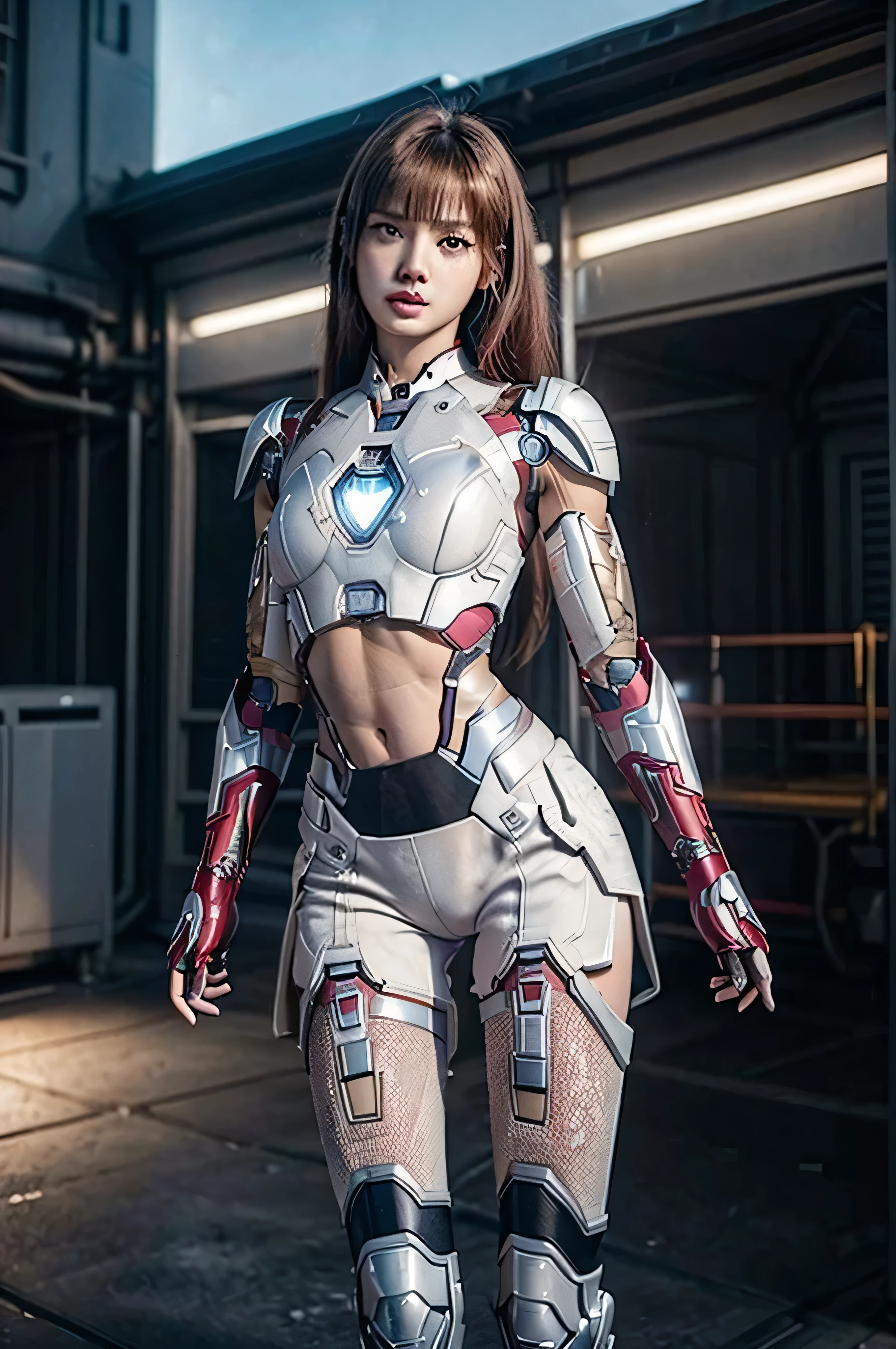 ((masterpiece, 8K, 3D, Realistic, Super Detail)), (1girl:1.3), slender 16 age, Ultra Micro photography, Lisa Blackpink Super realistic, Perfect face, 16K resolution, 4k resolution, The photo was taken from the Front, facing to the photographer, Foreground photo, dynamic lighting, high-definition resolution, Beautiful features, ((Perfect female Model Slim body)) Beautiful features, Standing pose, ((small hip)), (((2 piece Iron Man Hot pants))), Sci-fi futuristic, ((Iron Man armor)) ((bionic Fragmented White chest armor suit)), ((Exposed slim thighs)), wear mesh metal-stockings, ((slim thighs)), ((bionic Iron Man thighs Steel armor)), Front Full body Shot, full body portrait, perfect legs, shoes, futuristic city background