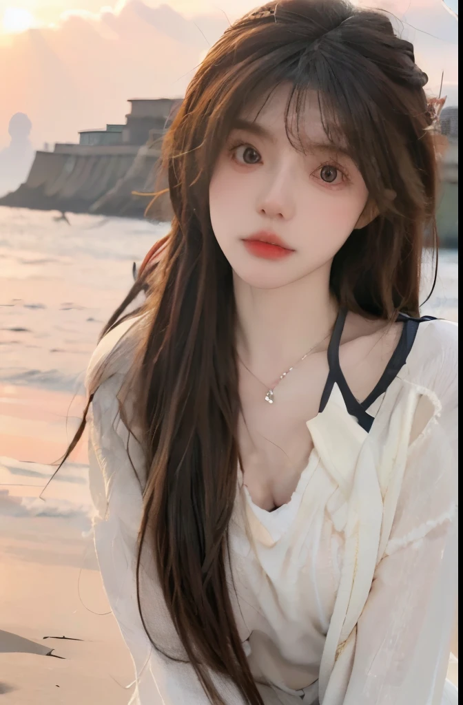 Beautiful woman with perfect body：1.4，Layered Hairstyle，Prominent cleavage，Highly detailed face and skin textures，Double eyelids，Skin Whitening，Long hair，Whitened long legs，（Cardigan Sweater，necklace），Standing by the sea