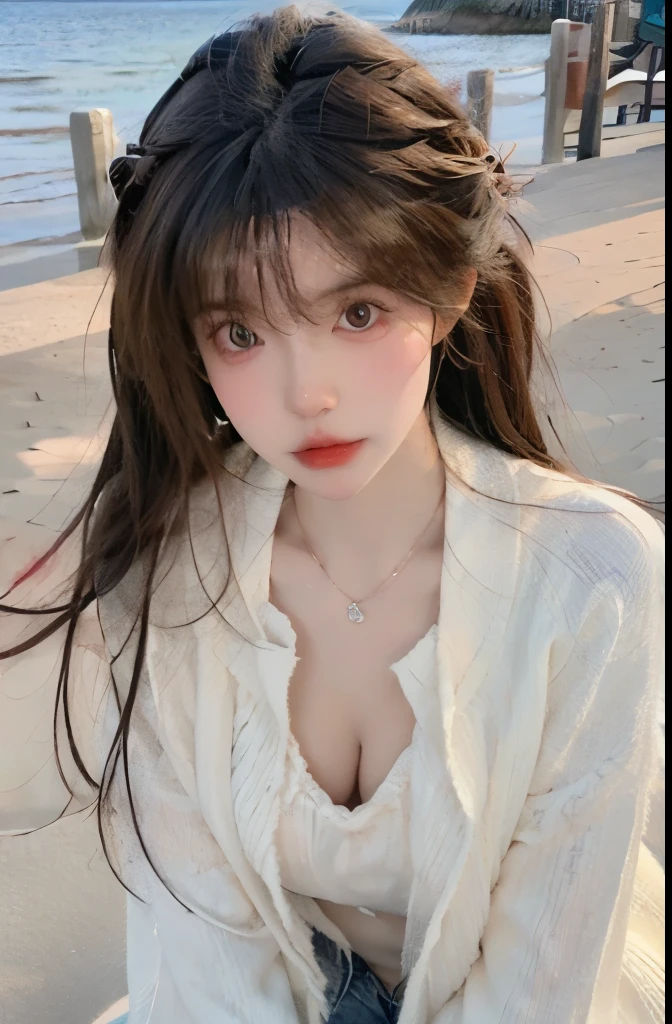 Beautiful woman with perfect body：1.4，Layered Hairstyle，Prominent cleavage，Highly detailed face and skin textures，Double eyelids，Skin Whitening，Long hair，Whitened long legs，（Cardigan Sweater，necklace），Standing by the sea