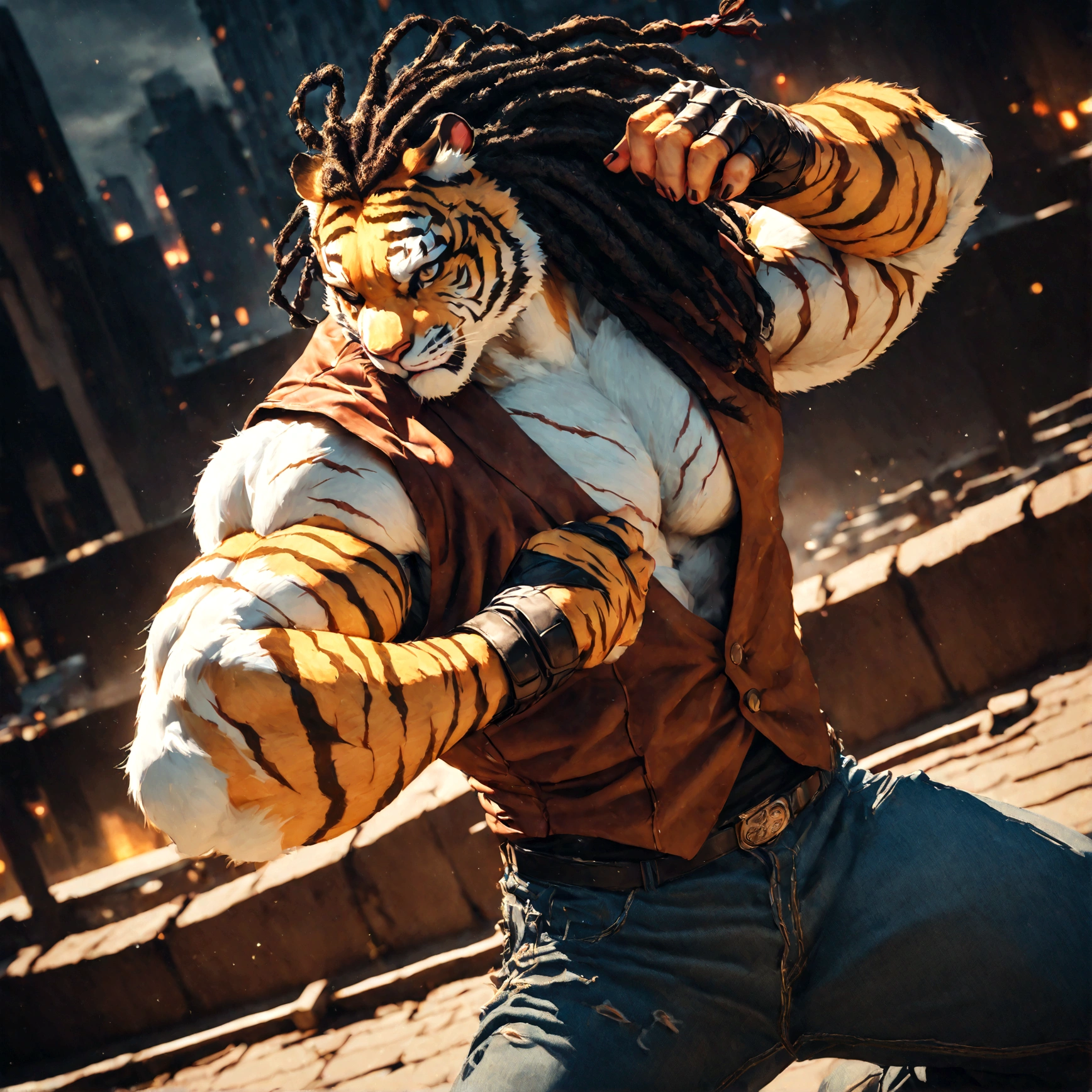 a muscular male furry tiger man, skinny, athletic, wearing leather fingerless gauntlets, long braided dreadlocks, scars and tattoos, tattered jeans, hyper detailed, 8k, photorealistic, dramatic lighting, cinematic composition, dark moody atmosphere, warm color palette has white fur on chest, is fuzzy, martial artist, action pose, on city rooftop, torn jean vest, has bloody handwraps