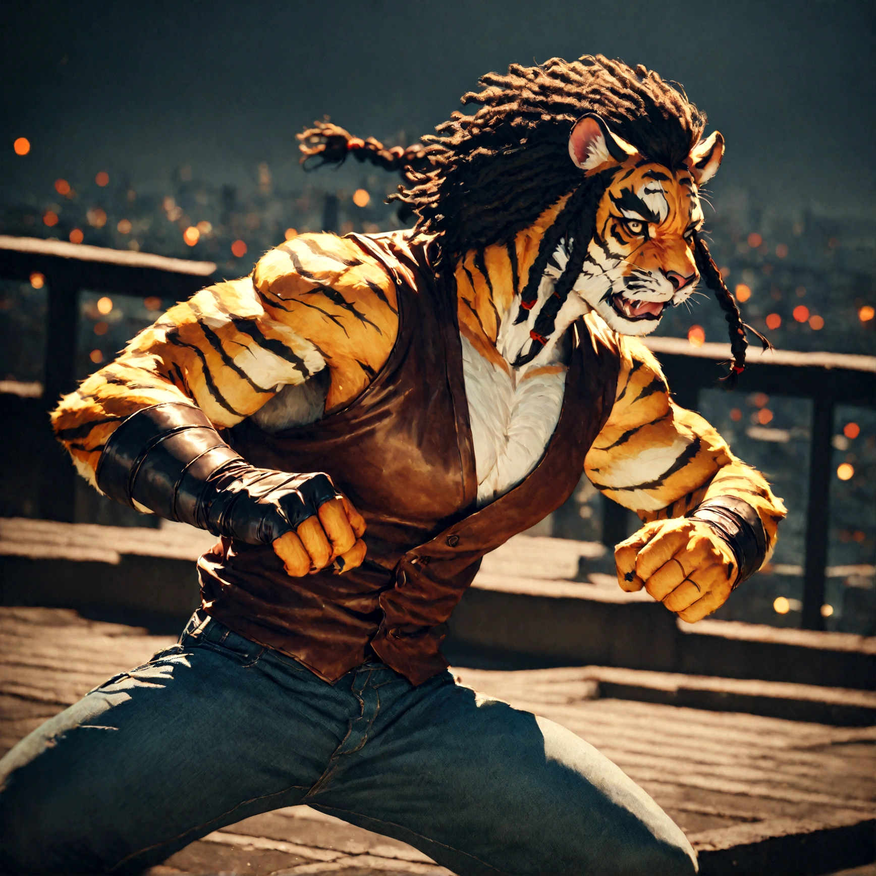 a muscular male furry tiger man, skinny, athletic, wearing leather fingerless gauntlets, long braided dreadlocks, scars and tattoos, tattered jeans, hyper detailed, 8k, photorealistic, dramatic lighting, cinematic composition, dark moody atmosphere, warm color palette has white fur on chest, is fuzzy, martial artist, action pose, on city rooftop, torn jean vest, has bloody handwraps
