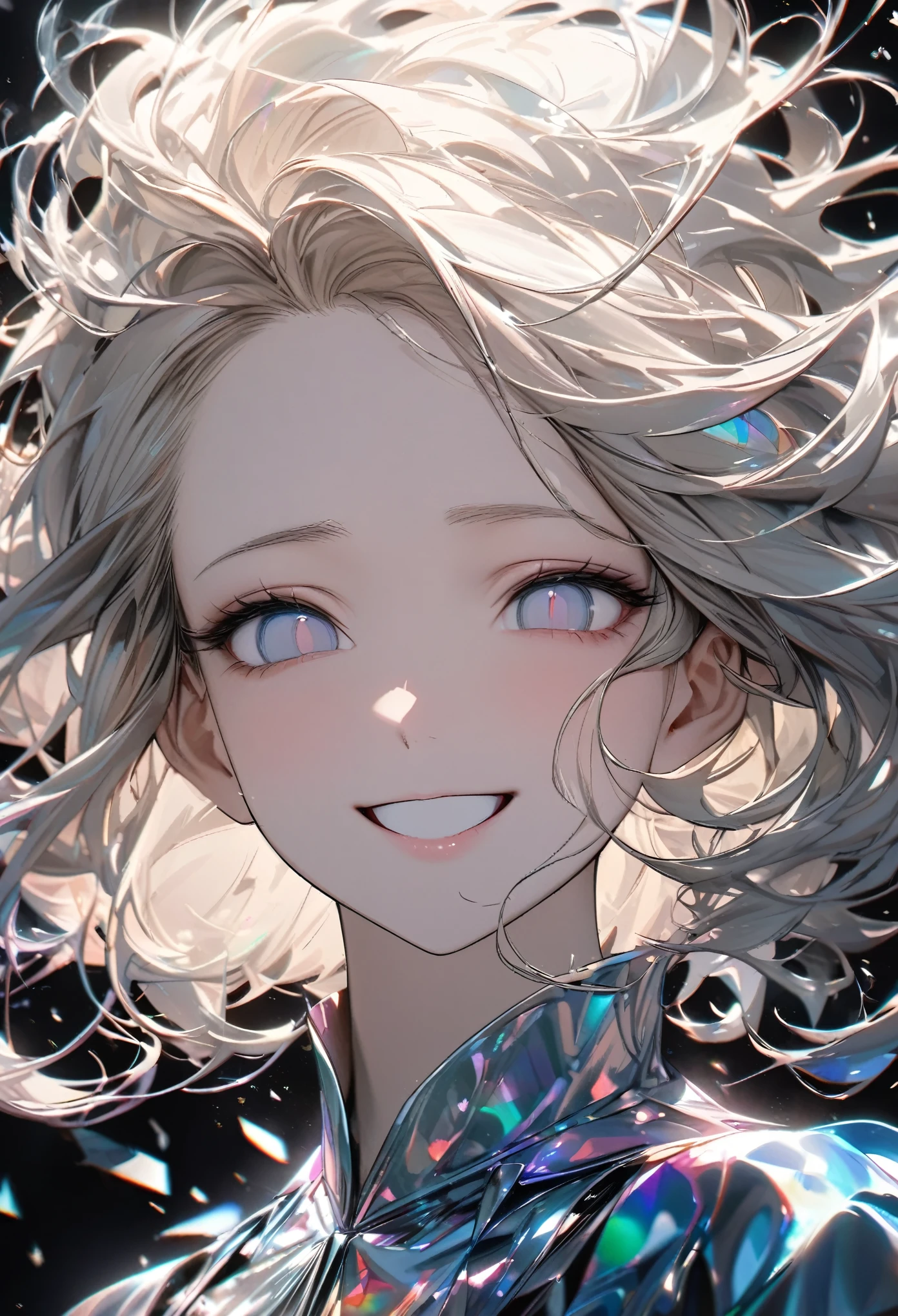 face-up, portrait, best quality, super fine, 16k, incredibly absurdres, extremely detailed, 2.5D, delicate and dynamic, beautiful woman, shining iridescent pupils, empty eyes, ivory messy wavy short hair, forehead, captivating look, aroused expression, happy, smile, shy, great effects, backgrounds destruction