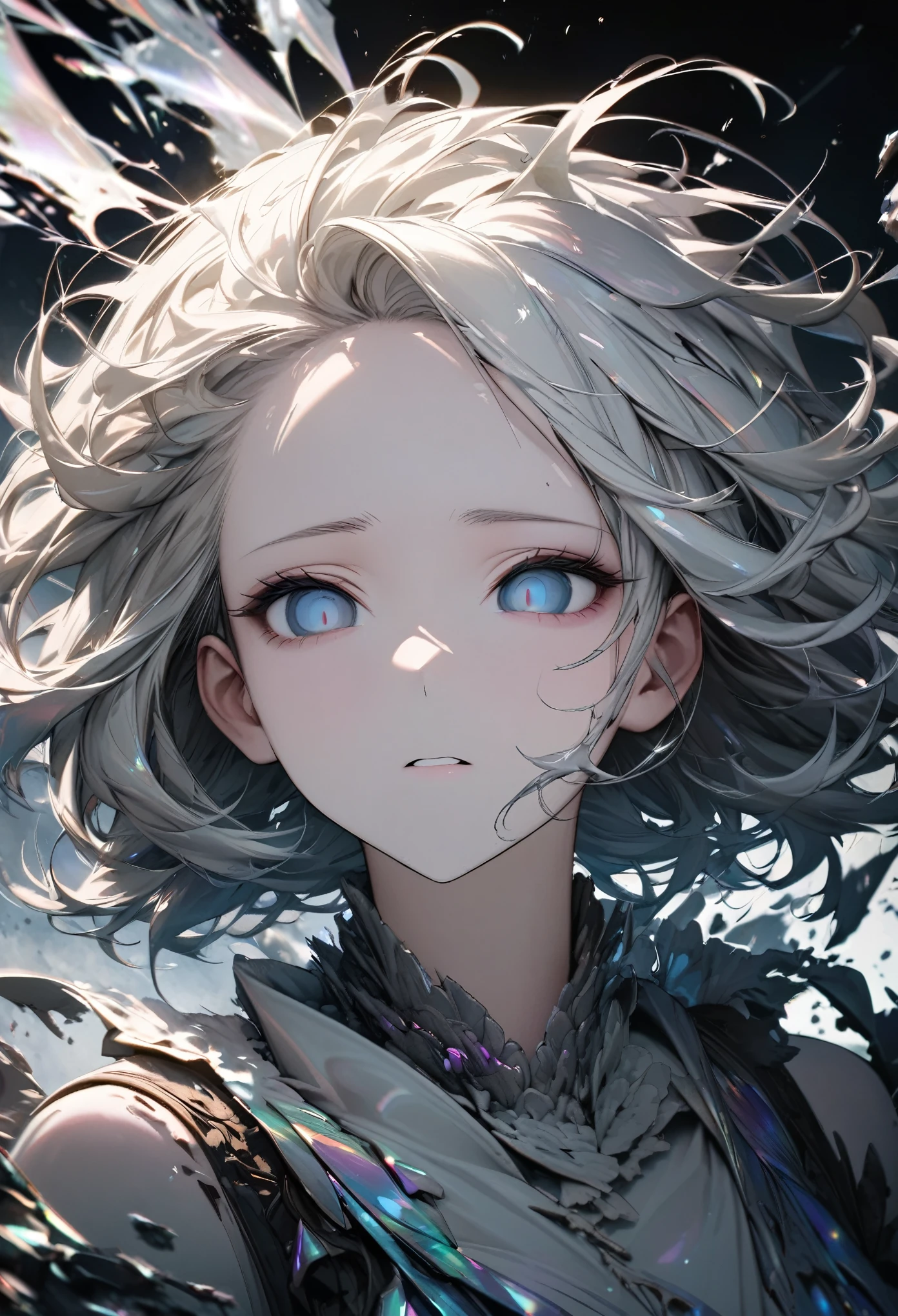 face-up, portrait, best quality, super fine, 16k, incredibly absurdres, extremely detailed, 2.5D, delicate and dynamic, beautiful woman, shining iridescent pupils, empty eyes, ivory messy wavy short hair, forehead, captivating look, aroused expression, great effects, backgrounds destruction
