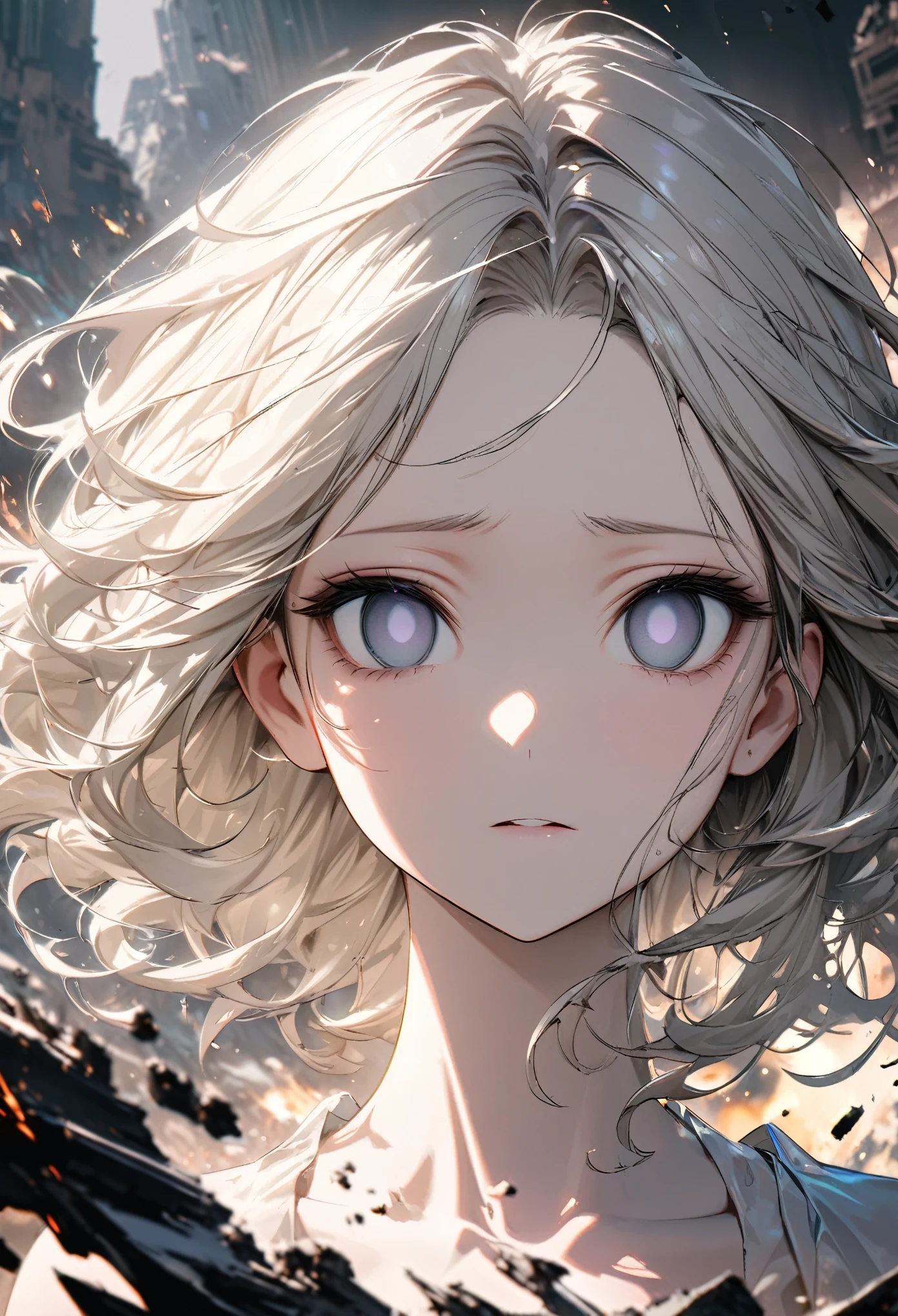 face-up, portrait, best quality, super fine, 16k, incredibly absurdres, extremely detailed, 2.5D, delicate and dynamic, beautiful woman, shining iridescent pupils, empty eyes, ivory messy wavy short hair, forehead, captivating look, aroused expression, great effects, backgrounds destruction