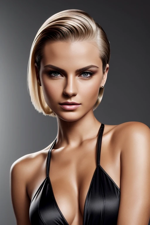 Gorgeous european woman with very short straight hair, short hair, wet hair, hair slicked back, combed straight back, slick hair, honey blonde streaked hair, seductive, cleavage, solid dark grey background