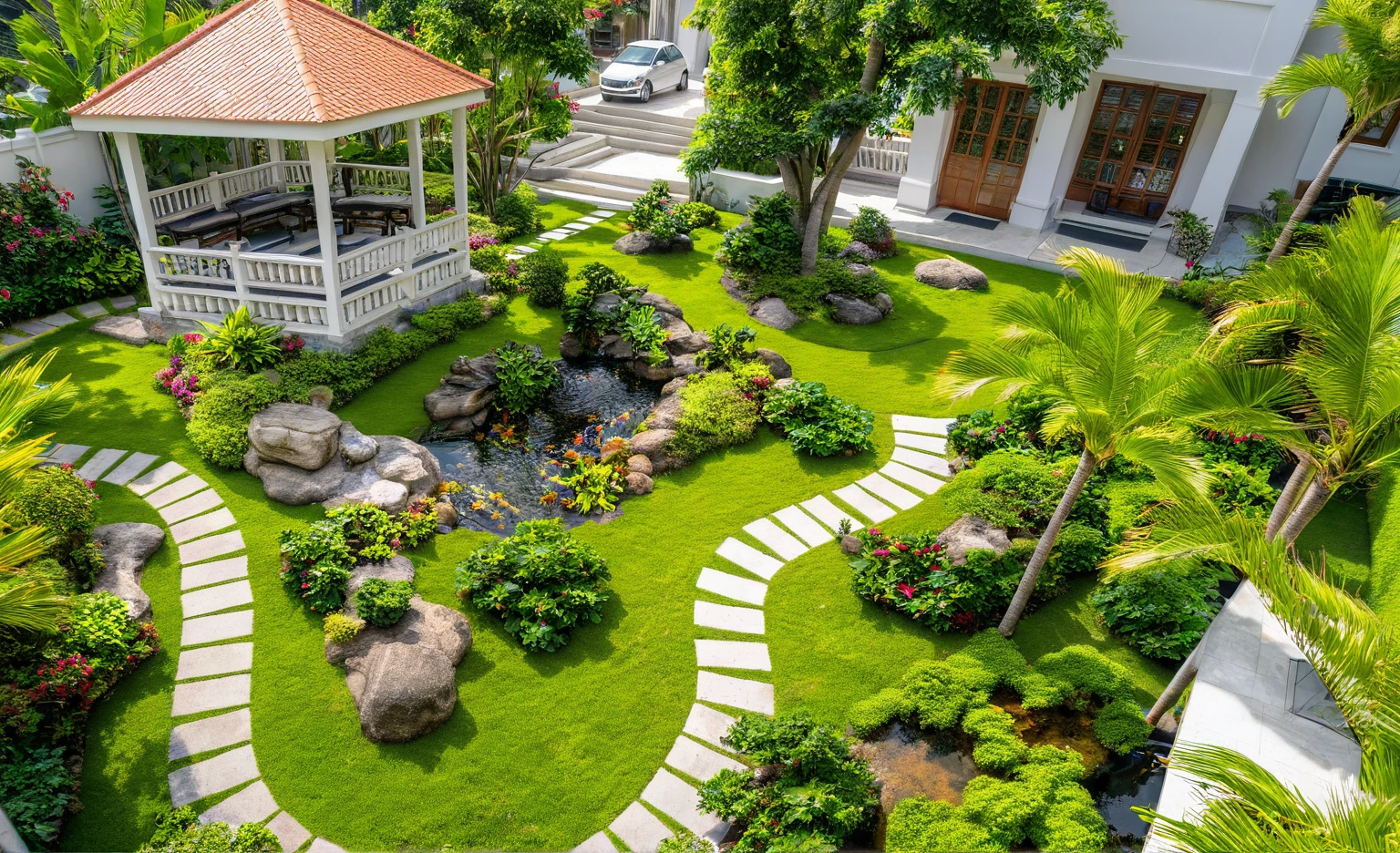 Moderntropicalgardern,aiaigroup, aerial view, outdoors, garden, tree, east asian architecture, rock, stone, flower, daylight,  house,Beautifully designed garden mandarin branches