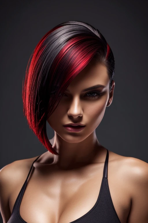 Gorgeous european woman with very short straight hair, short hair, wet hair, hair slicked back, combed straight back, slick hair, red gradient hair, super sexy and seductive, cleavage, solid dark grey background