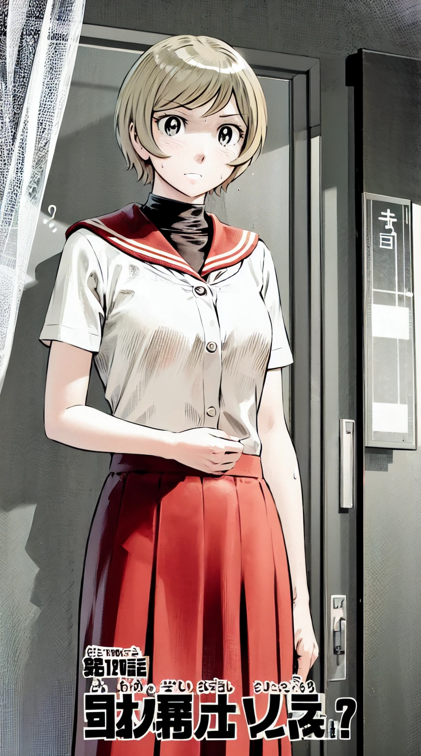 、(masterpiece、highest quality)、highest quality, Ultra-high resolution, (((masterpiece))), alone, Sweat、Big eyes, Composition from the front、Shortcuts、Embarrassed face、Blonde Hair、Cut your hair short、Monochrome、Pencil drawing、School classroom、Sailor suit、skirt、short hair、真Composition from the front、School classroom、curtain、cubicle、window、door、