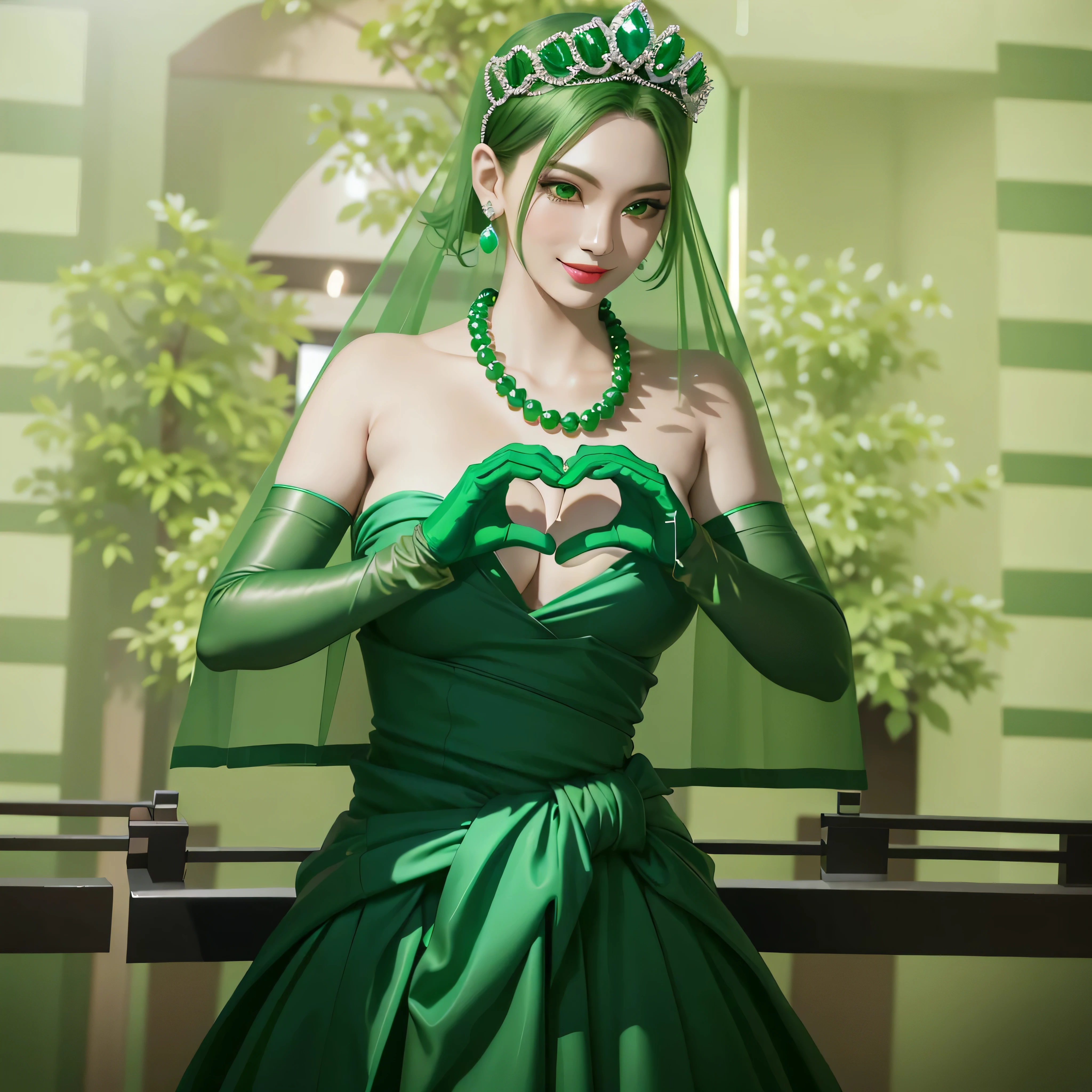 Emerald tiara, Green Pearl Necklace, Boyish very short green hair, Green Lips, Smiling Japanese woman, Very short hair, Busty beautiful lady, Green Eyes, Green satin long gloves, Green Eyes, Emerald Earrings, Green Veil, Heart with both hands, Green Hair, Beautiful Japanese Woman, Heart shaped hands:1.3, green lip gloss