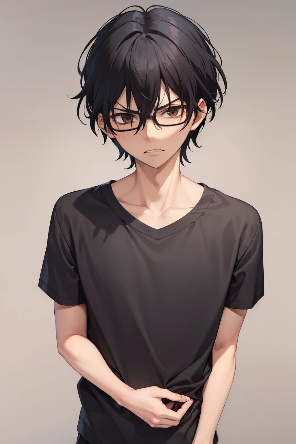 masterpiece, best quality, wallpaper, looking away,visible teeth, standing,Angry expression, very angry,,1boy, solo, depth of field, momo_sakaki, black hair, brown eyes, hair between eyes, black shirt, Short sleeves shirt,black shorts, glasses, 16k resolution,close up photo 