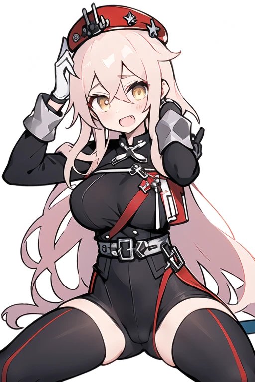 origin, 1girl, long hair, solo, breasts, beret,golden eyes,white gloves,hands on own head,sitting,spread legs, open mouth,fang, uniform,white background, looking at viewer