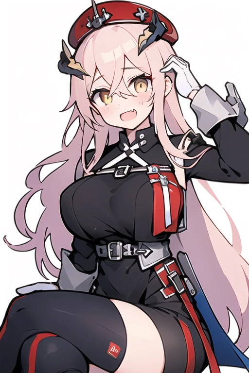 origin, 1girl, long hair, solo, breasts, beret,golden eyes,white gloves,hands on own head,sitting,spread legs, open mouth,fang, uniform,white background, looking at viewer
