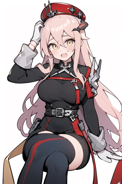 origin, 1girl, long hair, solo, breasts, beret,golden eyes,white gloves,hands on own head,sitting,spread legs, open mouth,fang, uniform,white background, looking at viewer