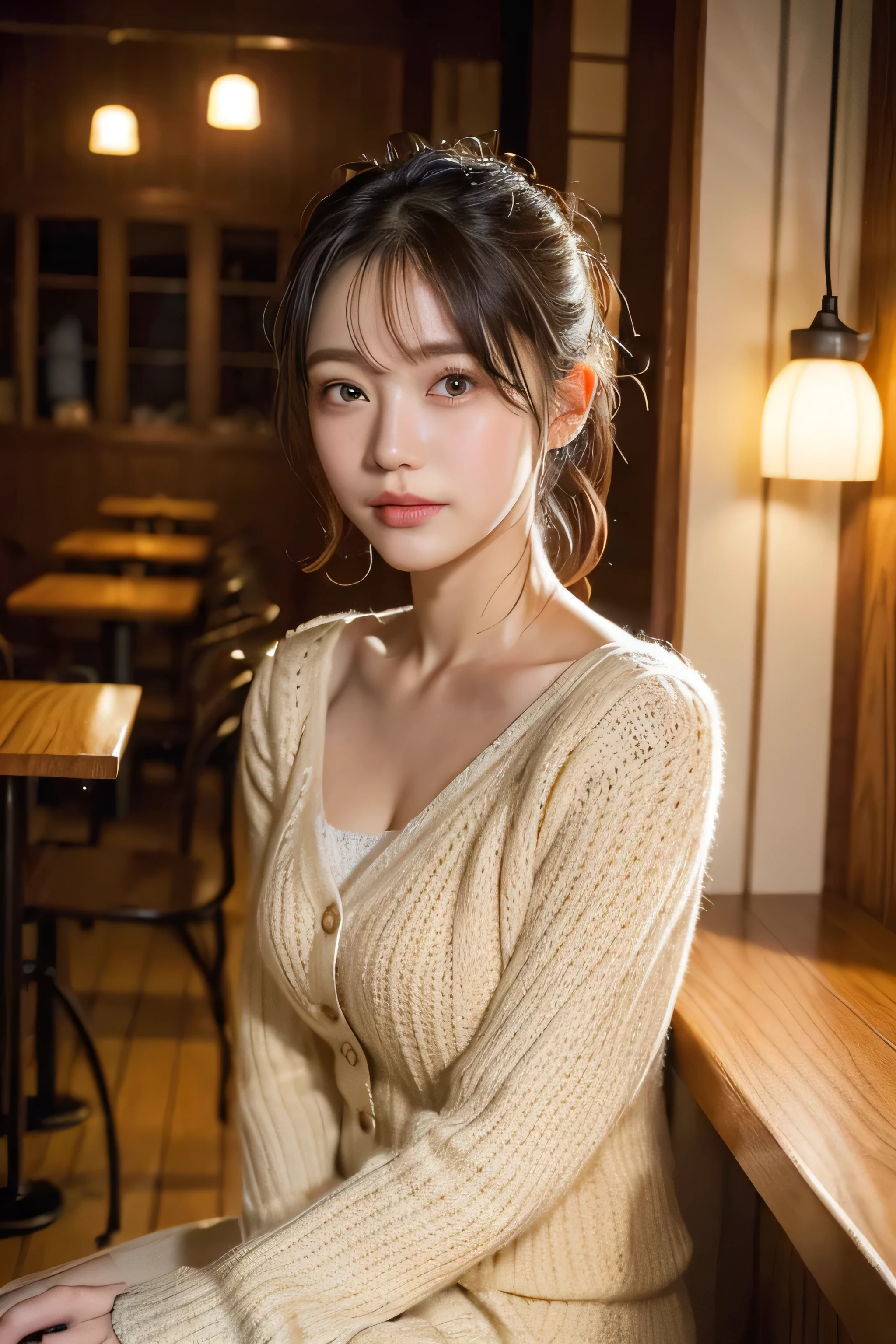 (natta:1.7), East Asian Architecture, 1 girl,  sixteen years old、Colossal tits　Beautiful shiny straight semi-long、Beautiful fingers,Beautiful long legs,Beauty Body，Cute nose，Beautiful character design，perfect  eyes，face perfect，looking at viewert，（Innocent_Big_Eyes：1.0），（light_Smile：0.3），offcial art，ighly detailed ，（tmasterpiece:1.0),(best_quality:1.0), 超A high resolution,4K,ultra - detailed, photography of, 8K, nffsw, hight resolution, the background is blurred, (Beautiful_Face:1.5),(8K,Raw photo, 、Relax at a ryokan in Japan、(The background is a café restaurant at night:1.3),(White tank top&White Beige Shoulder Length Knit Cardigan、Plaid Flared Micro Mini Skirt:1.3),(Colossal tits) Backgrounds with depth　Three-dimensional feeling　((White Beige Knitted Camisole、Thin string:1.4)) (Beautiful large breast),　(Sitting leaning forward with your chest proudly on the table:1.3)