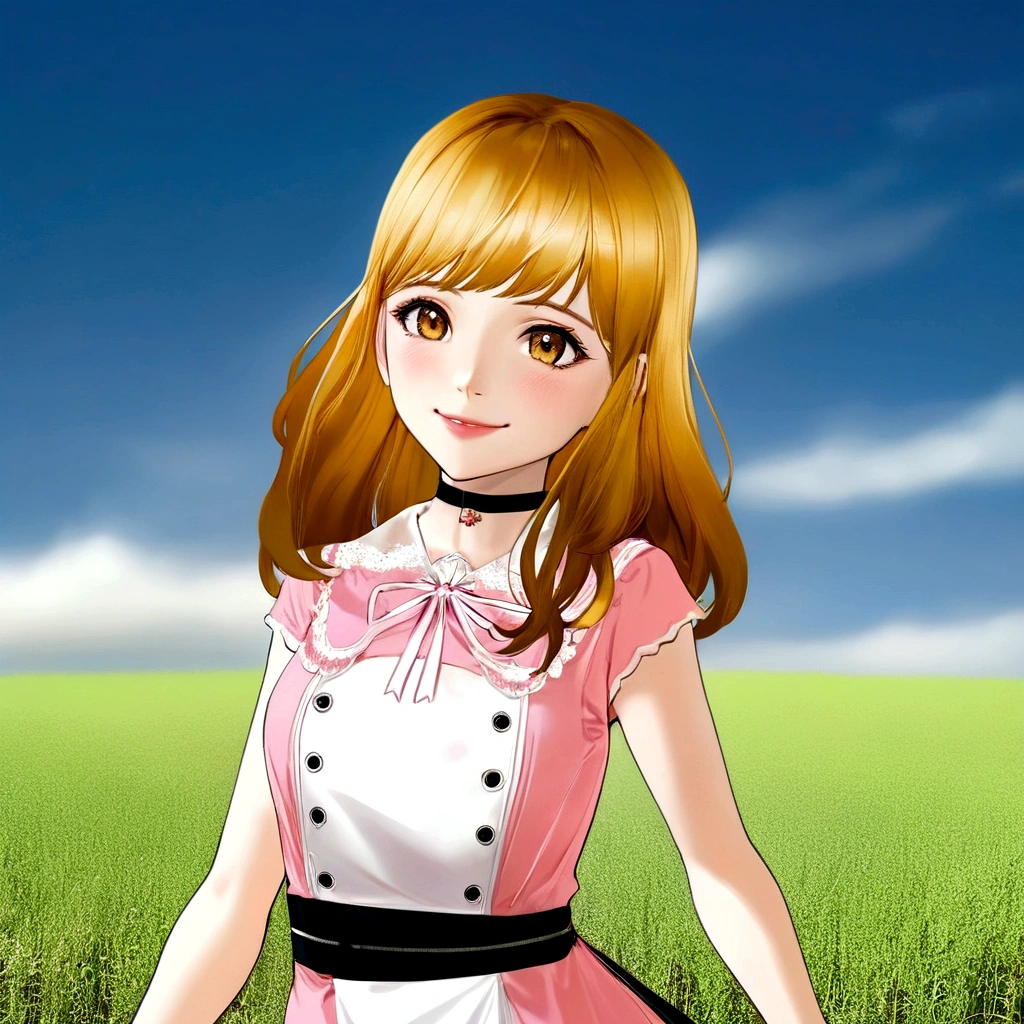 Blonde、Golden Eyes、Anime girl in a pink and white dress standing in a field smiling, My Dress Up Darling Anime, realistic Young Anime Girl, render of a cute 3d anime girl, Anime girl in maid outfit, 3d anime girl, Cute Anime Girl, , Anime-style 3D, Young Anime Girl, sakimi chan, Highly detailed characters