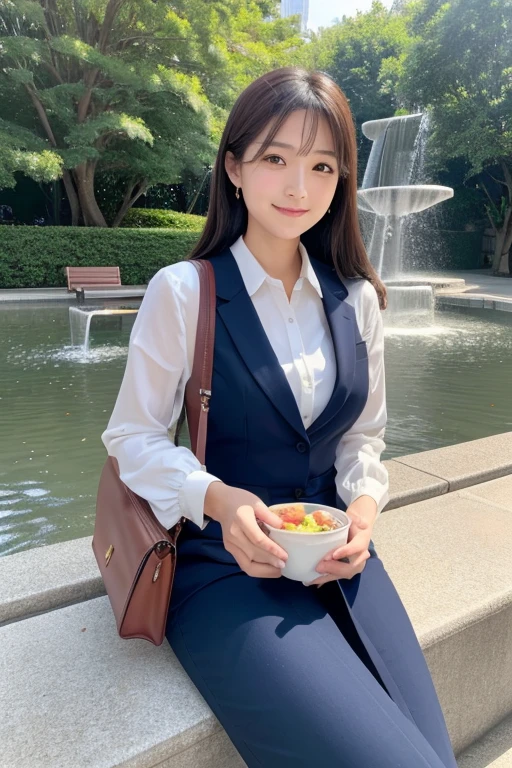 (Highest quality、Photorealistic、16K，masterpiece、Masterpiece、delicate、Fine image quality、High resolution)、Daytime Park、Natural light、Park bench、A woman with a lunch box on her lap、The contents of the bento are half rice and half side dishes.、smile、business suit、Fountain in the background、Beautiful Japan Woman、Age 25、close distance