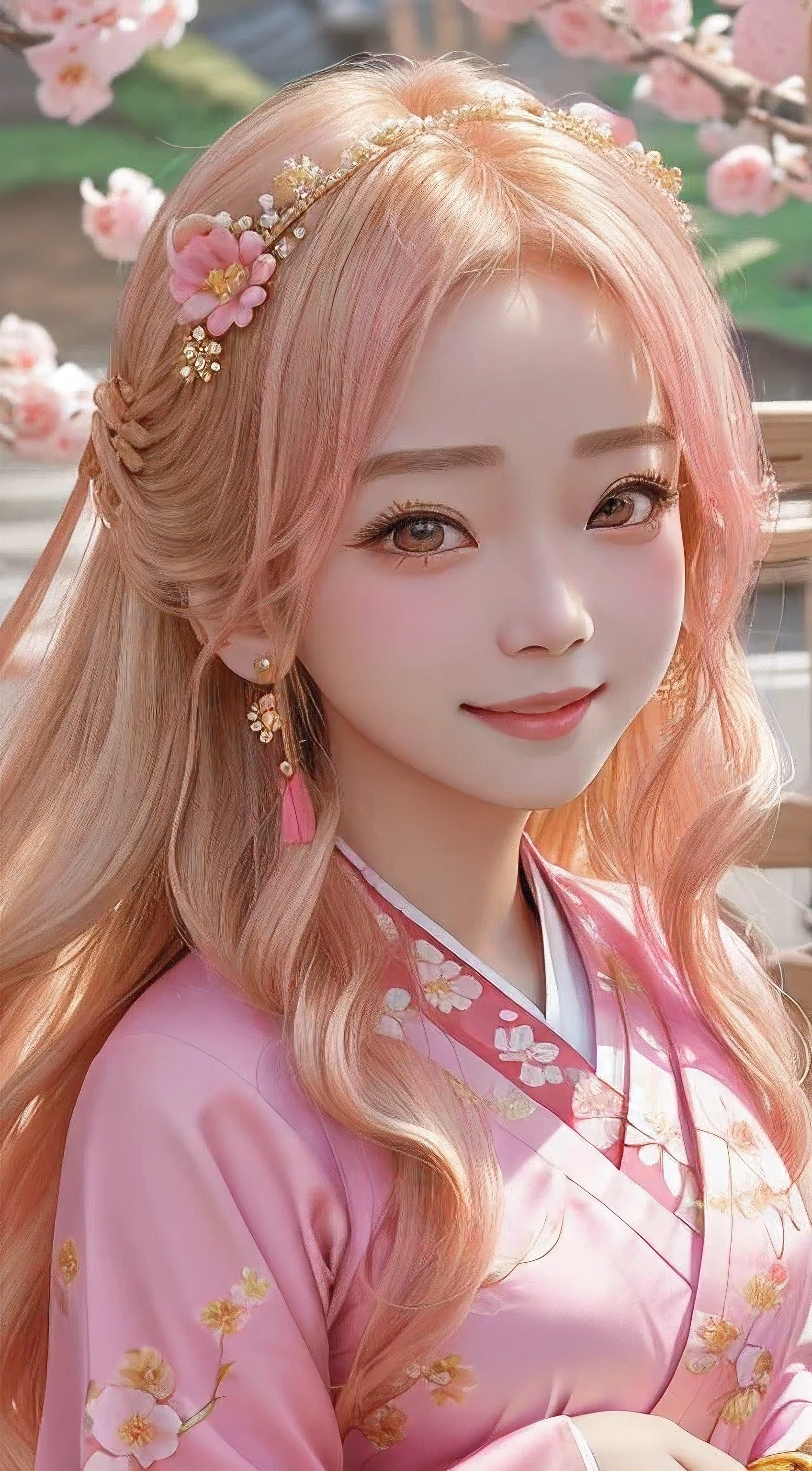 Golden Hair、Beauty、His eyes are shining、Pink flowers background、god々Shii、chinese hanfu、Pink heart crystal in hand、hair ornaments、17Year old girl、Smiling、Shoulders stick out、Watching the viewer、Portrait、Big Breasts、Portraiture、front、Sandals、A strong wind is blowing