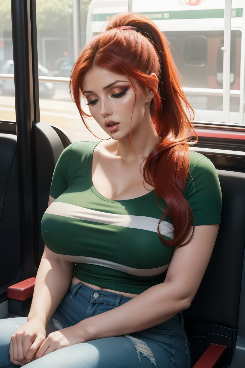 1 beautiful woman, Lucy Pinder, voluptuous woman, red hair, ponytail, ((very intense makeup)), green striped t-shirt, black jeans, sleeping sitting on the bus, ((Mouth open)), Eyes closed, breasts naked, showing breasts, ((Becky linch)).