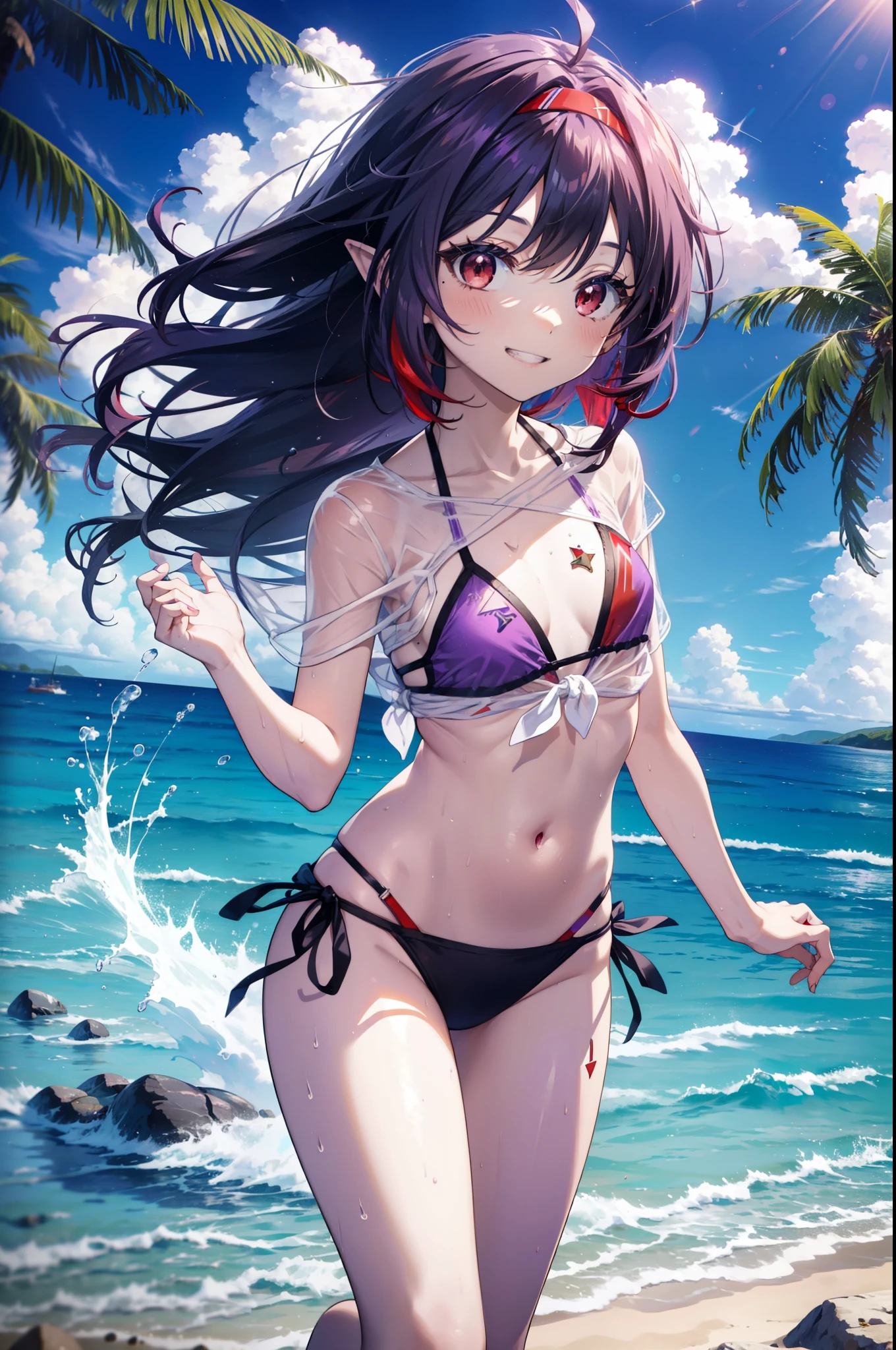 yuukikonno, Konno Yuuki, hair band, Long Hair, Pointed Ears, Purple Hair, (Red eyes:1.5), (Small breasts:1.2), Grin,smile,Purple bikini swimsuit oversized t-shirt,barefoot,Palm tree,Holding a swim ring in his right arm,Palm tree,True Summer,whole bodyがイラストに入るように,Walking,
break looking at viewer, whole body,
break outdoors, Beach,Sandy Beach,
break (masterpiece:1.2), highest quality, High resolution, unity 8k wallpaper, (figure:0.8), (Beautiful fine details:1.6), Highly detailed face, Perfect lighting, Highly detailed CG, (Perfect hands, Perfect Anatomy),