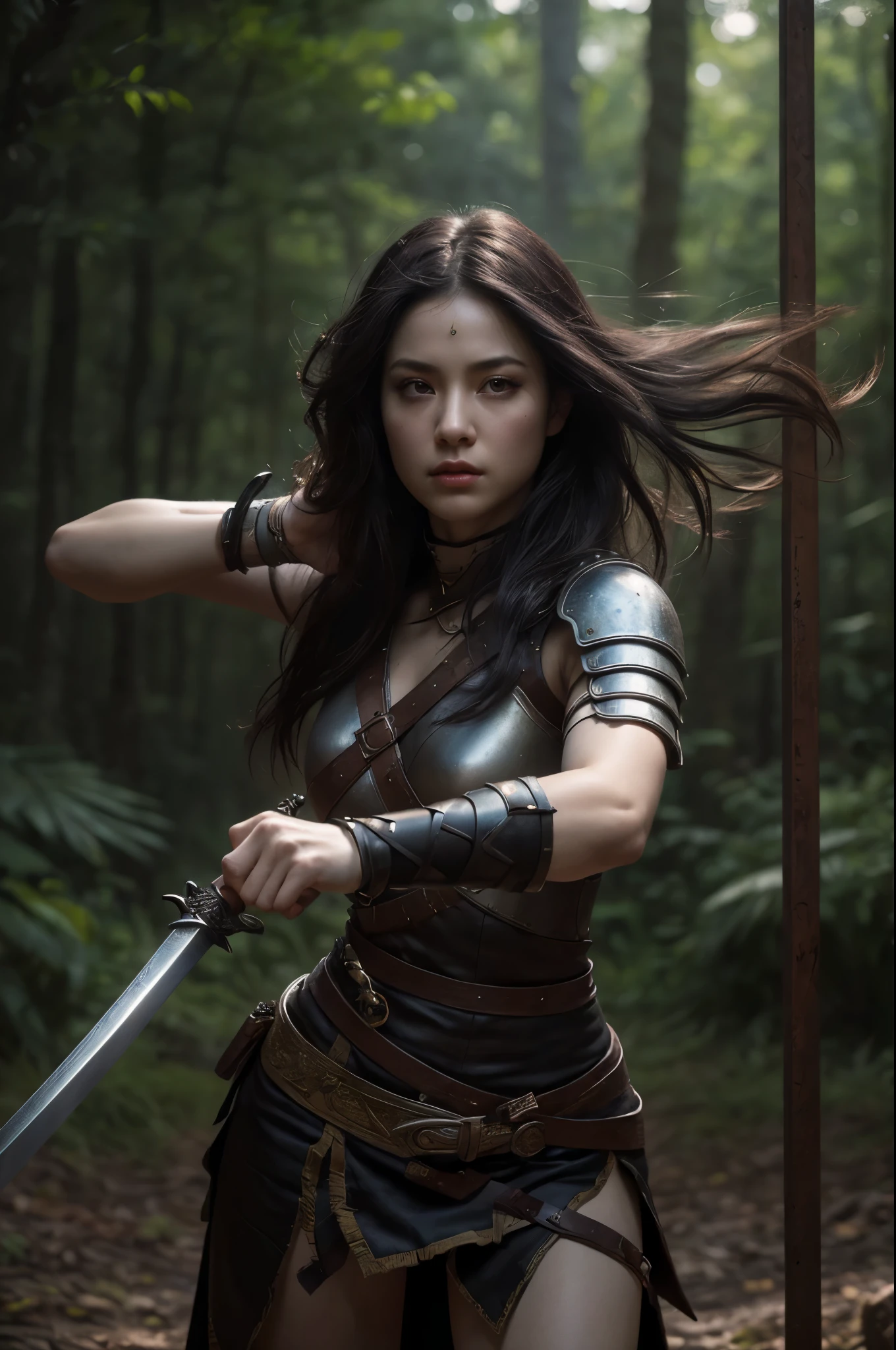 An exquisite and beautiful female warrior、Exquisite eyes、Delicate lips、Very detailed face and body、Long black hair、(Swinging the Sword:1.4)、(The motion blur effect expresses the movement of a female warrior.:1.6)、Wearing Armor、Dark and gloomy night forest as background、Anatomically correct body structure、Anatomically correct fingers、Dramatic lightingと影、(highest quality、4k、8k、High resolution、masterpiece:1.2)、Super detailed、(Real、Photorealistic、Photorealistic:1.37)、Dark fantasy、Dramatic lighting