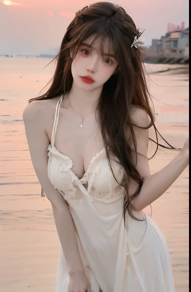 Beautiful woman with perfect body:1.4,Layered Hairstyle,Prominent cleavage,Highly detailed face and skin textures,Double eyelids,Skin Whitening,Long hair,Whitened long legs,(evening dress,necklace),Standing by the sea