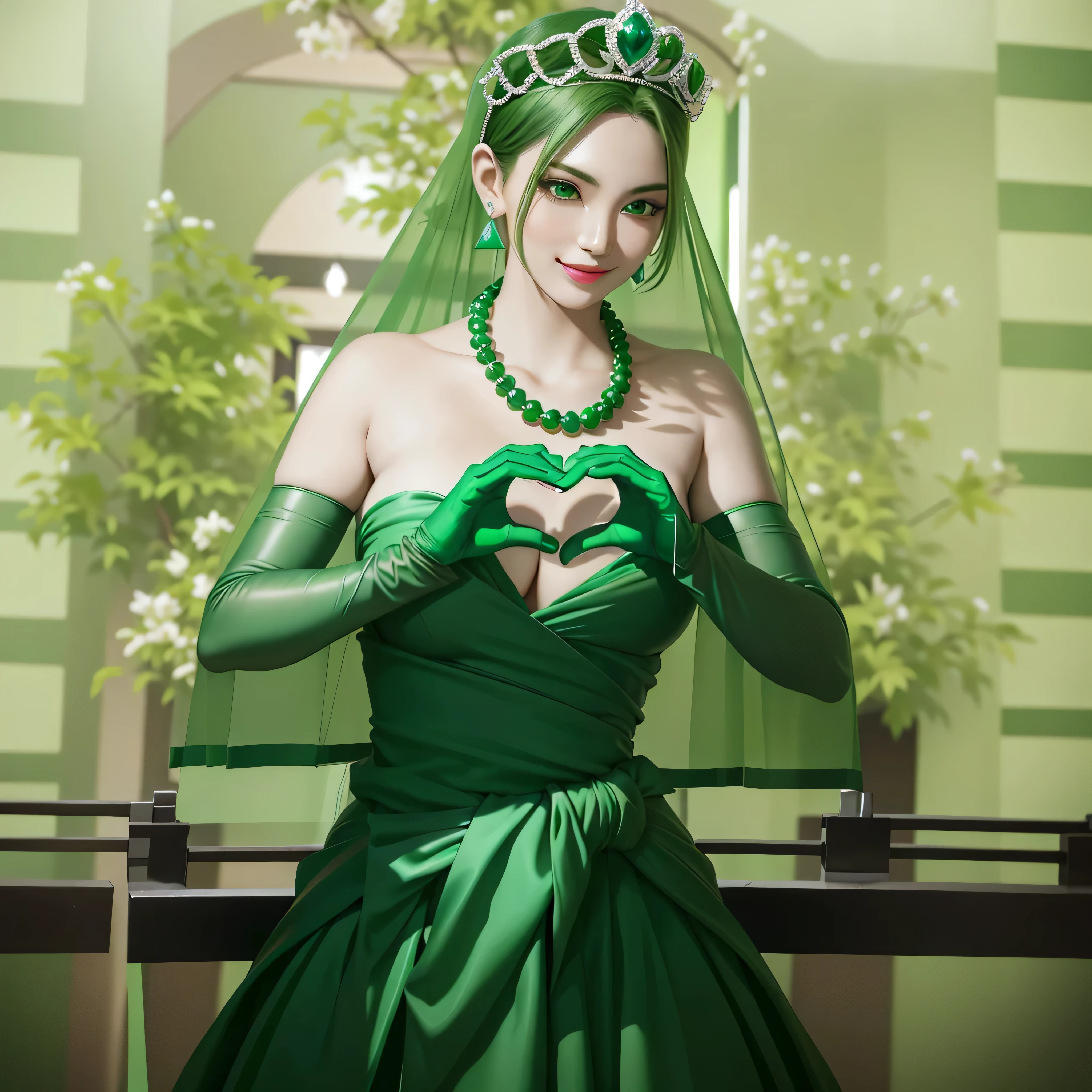 Emerald tiara, Green Pearl Necklace, Boyish very short green hair, Green Lips, Smiling Japanese woman, Very short hair, Busty beautiful lady, Green Eyes, Green satin long gloves, Green Eyes, Emerald Earrings, Green Veil, Heart with both hands, Green Hair, Beautiful Japanese Woman, Heart shaped hands:1.3, green lip gloss