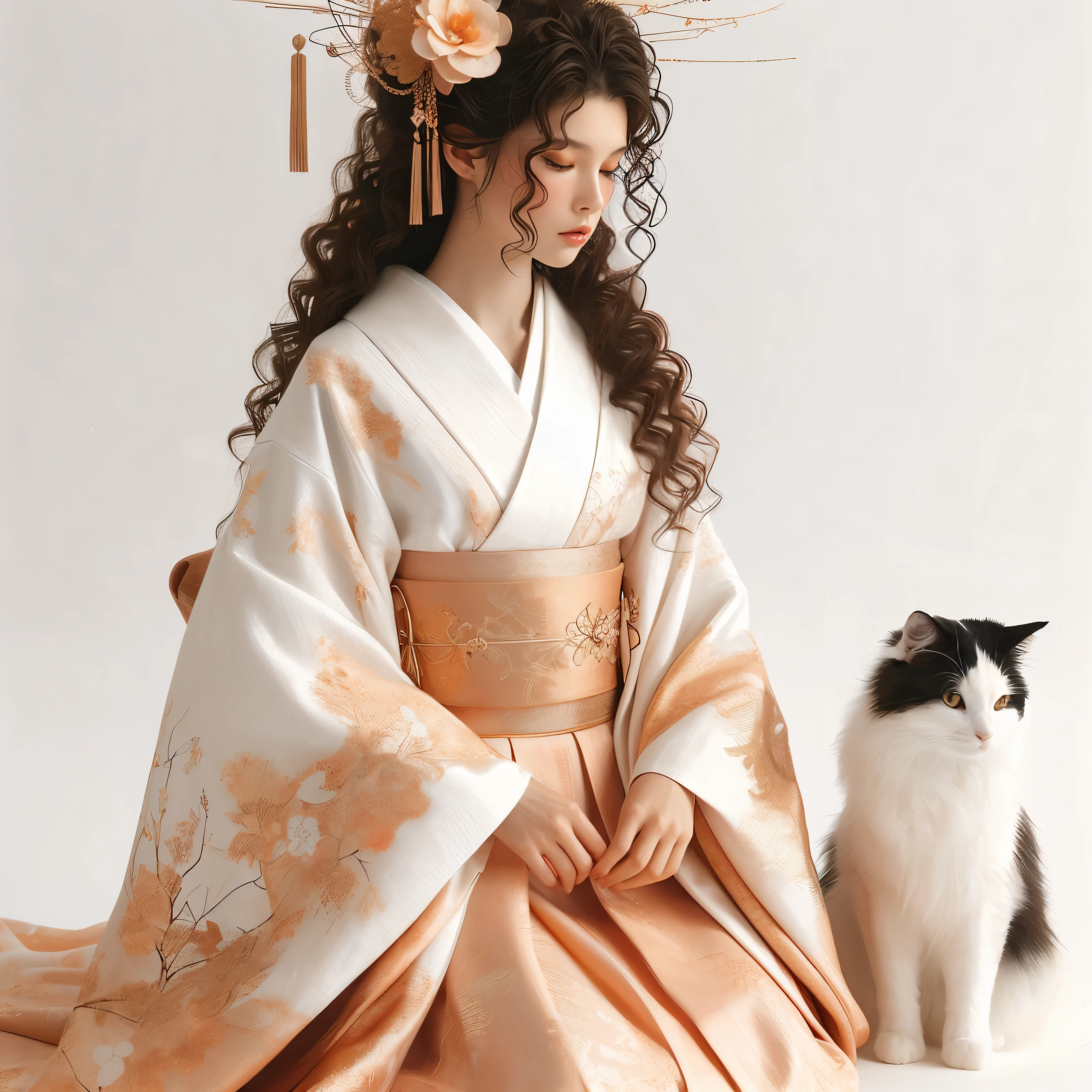 Tall Japanese girl curly hair in all white kimono, with hints of peach, black cat ears, small black and white cat, full body shot, white background, 8k resolution, in the style of da Vinci, golden kimono