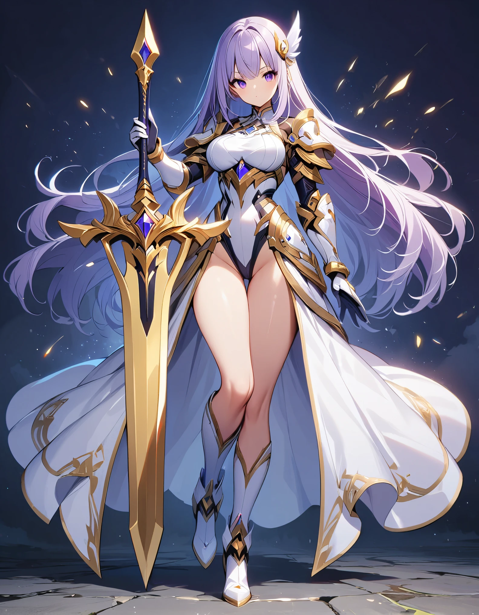 1girl has a tall figure and has is long, purple hair. She wears a white leotard, combined with black line elements. She wears a white hair ornament and carries an extremely large golden sword. bare legs, white boots, full body, purple eyes