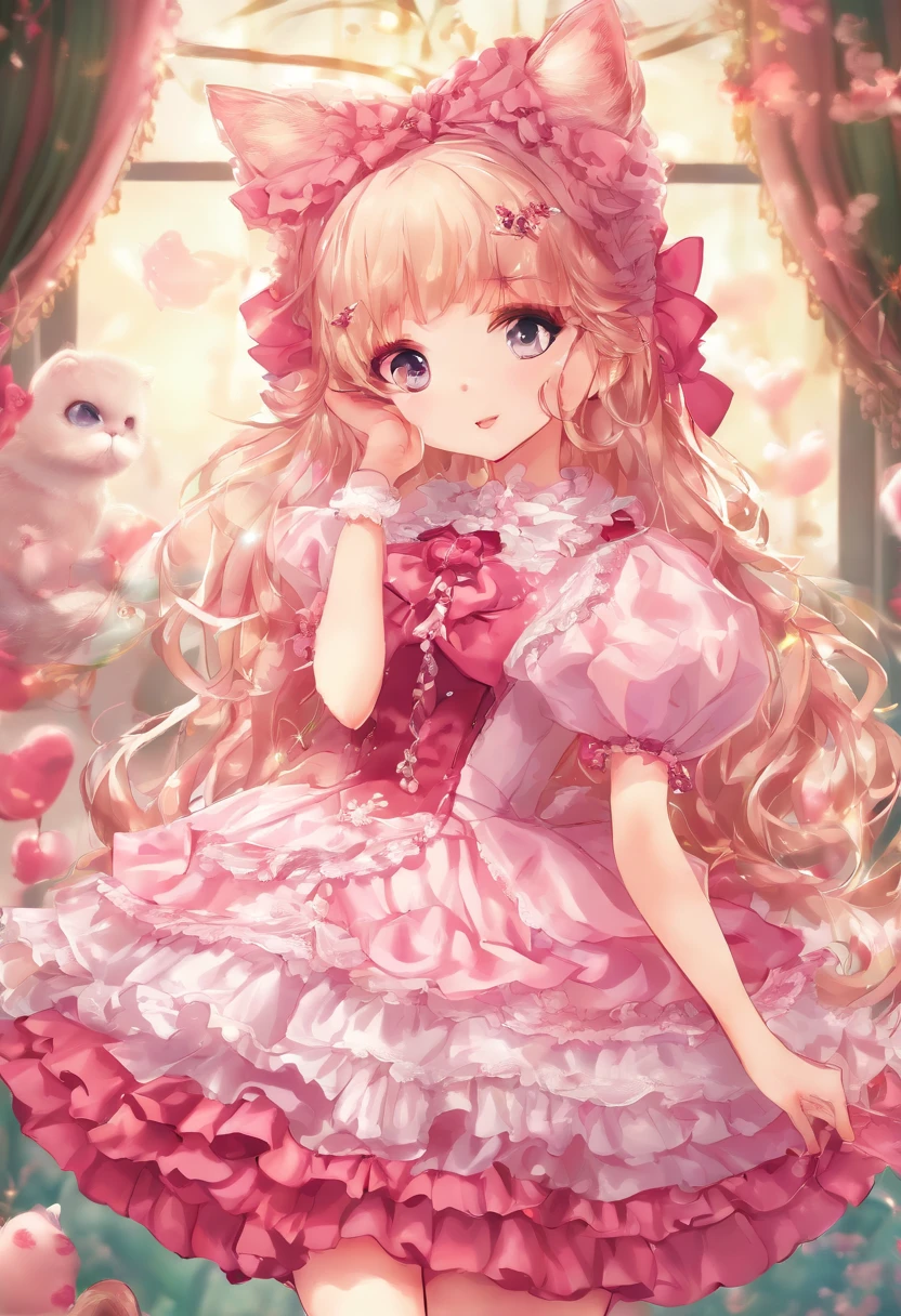 Exquisite details, 8K Photo, Surrealism, Professional lighting, Realistic background, visual depth, Background Bokeh, Wide-angle lens, whole body, (13 years old, Lovely, Change, flat chest, Cat ears), 1 Girl, Colored eyes, Blonde Hair, (Lolita Fashion: 1.5), (Lace, Ruffled shirt, White petticoat, sports shoes), (Plush Toys), pink Lovely backpack, street, Fashion