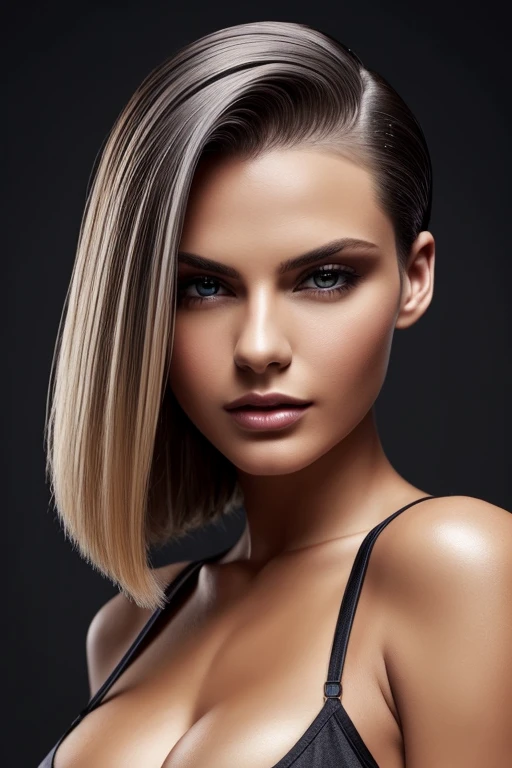 Gorgeous european woman with very short straight hair, short hair, wet hair, hair slicked back, combed straight back, slick hair, caramel blonde streaked hair, seductive, cleavage, solid dark grey background