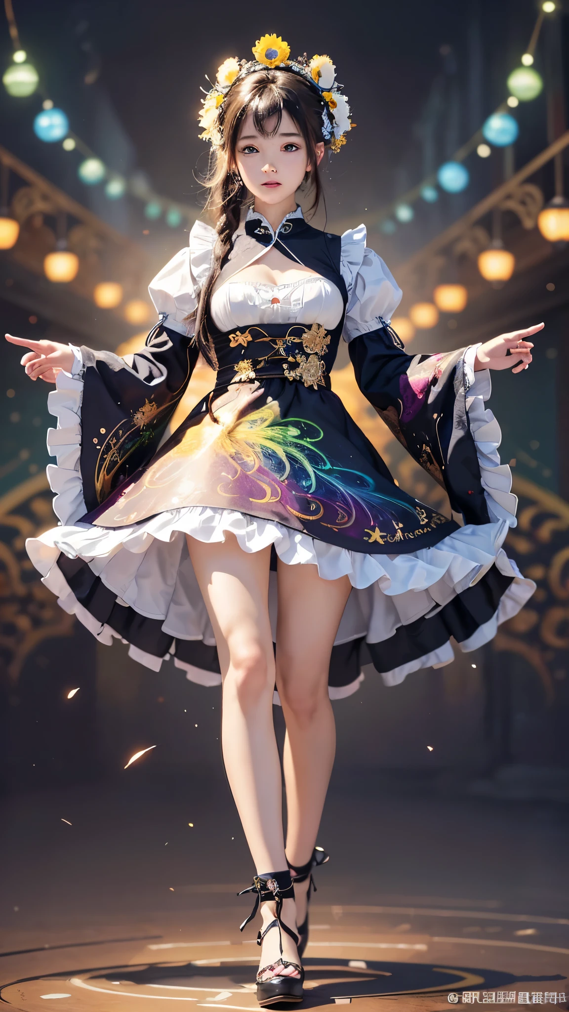 with high definition images,(masterpiece、highest quality、highest quality、Official Art、Beautiful and aesthetic:1.2)、(1 Girl:1.3)、Details of the apron only outfit、(Fractal Art:1.2)、Vivid and rich colors、(Highest detail:1.4)、(Zentangle:1.2)、(Motion Capture:1.5)、(Abstract background、Bursting with color:1.5)、(Beauty in an apron:1.2)、(Shiny skin、Shining under the light:1.3)、(Many colors、harmonious blend:1.4)、 Focus on facial expressions and details。Full body high quality images