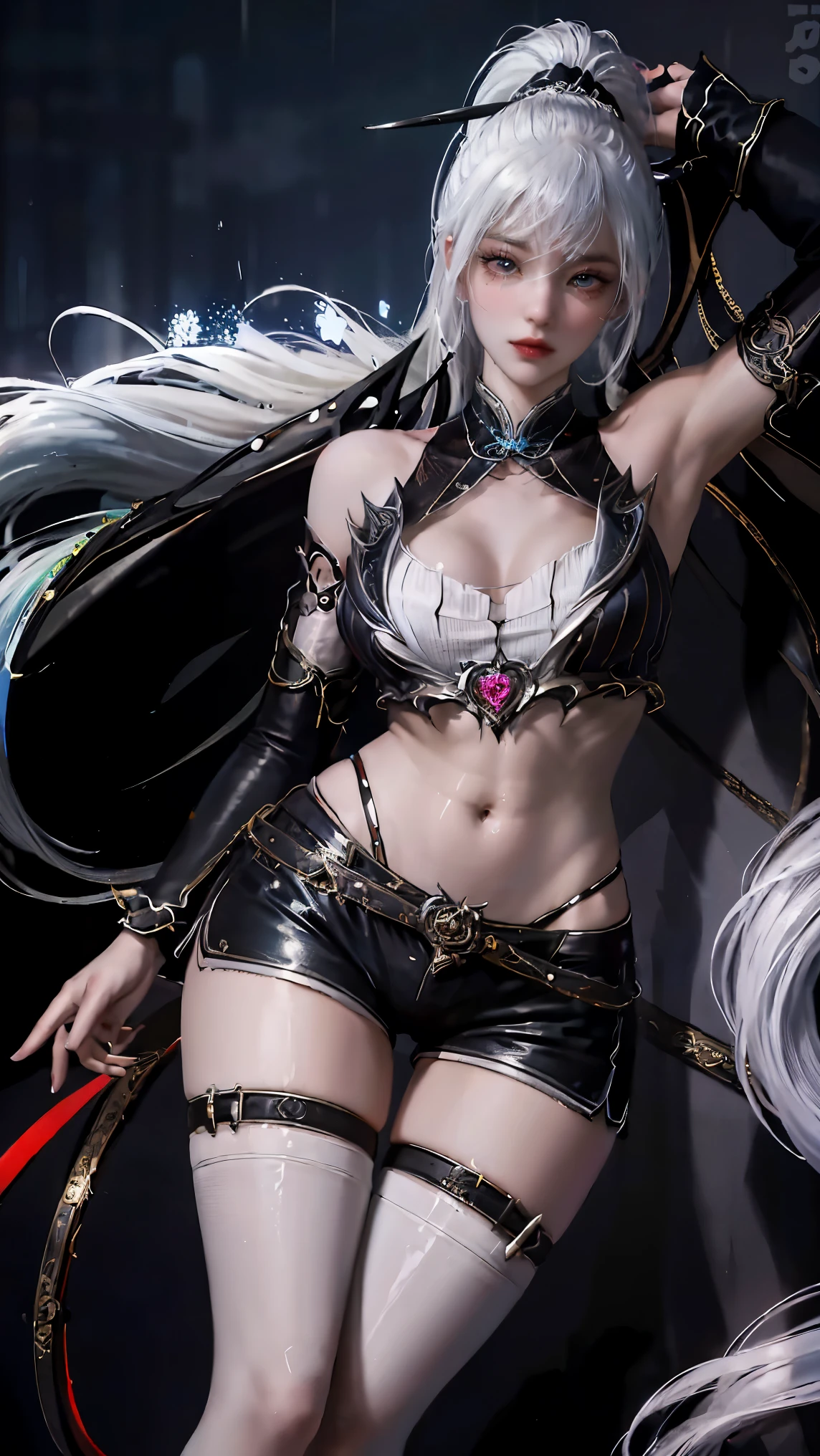 ((best quality, 8K, masterpiece:1.3)), focus: 1.2, perfect body beautiful: 1.4, buttocks: 1.2, ((layered hairstyle, breast: 1.2)), (wet clothes: 1.1), (rain, street:1.3), tube top dress: 1.1, Highly detailed facial and skin textures, narrow eyes, double eyelids, whiten skin, long hair, (shut up: 1.3), Smiling girl with white hair, High ponytail hairstyle, sports tops, extra large bust, Succubus, (((Succubus tattoo on lower abdomen))), Transparent super tight low waisted ribbon pants, (((ultra-low waist))), Full body image, Sexy girl, Sexy, happy laughter, shy, (((showing lower abdomen))), seductive expression, There is a peach heart in the eyes, (Detailed drawing of eyes), Sexy long legs, thin waist, Sweat drips on waist, (exposed belly), ((Succubus tattoo extreme detail portrayal))), Wings of Ice and Fire, Front squat, Dark lock method, 2D Blush, crazy, monster girl, toy doll, fangs, Slobber, pink hair, asymmetrical bangs, sheer clothing, Place your hands on your thighs, look away, 8K resolution, missionary, raised eyebrows, shiny hair, Head flower, wristband, Band-Aid a white hair、Close-up of woman wearing white mask, beautiful figure painting, guweiz, Gurwitz style artwork, White-haired God, author:Yang Jie, Epic and beautiful character art, Stunning character art, author:FAN Qi, by Wuzhun Shifan, pixiv art station street guweiz, single ponytail, insult, high ponytail, tall figure, long legs, (sleeveless lace shirt), (shorts), (striped )), ((striped )), Walk, elegant, dignified, feminine, beautiful curves, sweet smile, Strong sense of detail and layering, colorful, Has a unique texture, rich and colorful, Color harmony, vivid, design art, 16K, super detailed, {{illustration}}, {extremely delicate and beautiful}, {Exquisite surface treatment}, super detailed, Exquisite glowing eyes, {{movie lighting}}, Extreme light effects, Model: realism, CFG size: 12, Laura: Bright texture (1.35), high quality, masterpiece, Exquisite facial features, Delicate hair depiction, De